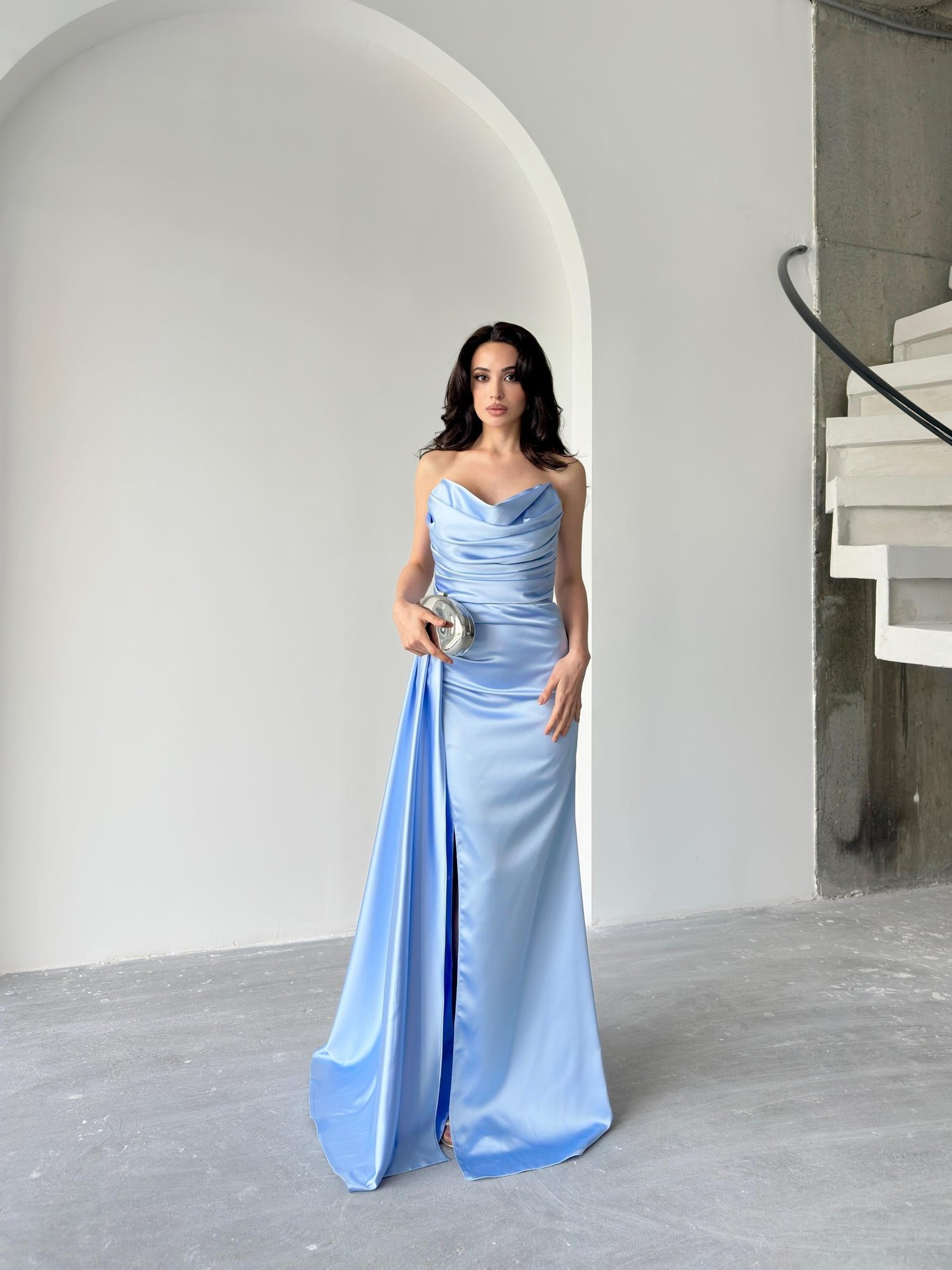 Bebe Mavi Straplez Drapeli Saten Abiye ElbiseAbiye & Mezuniyet ElbisesiST5560-7209