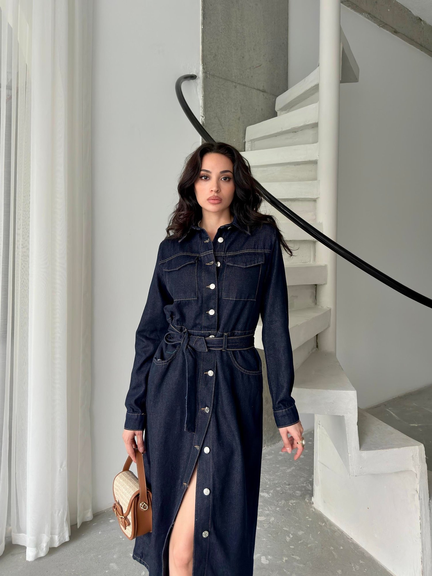 Beli Kuşaklı Cep Detaylı Denim ElbiseElbiseST566-7326