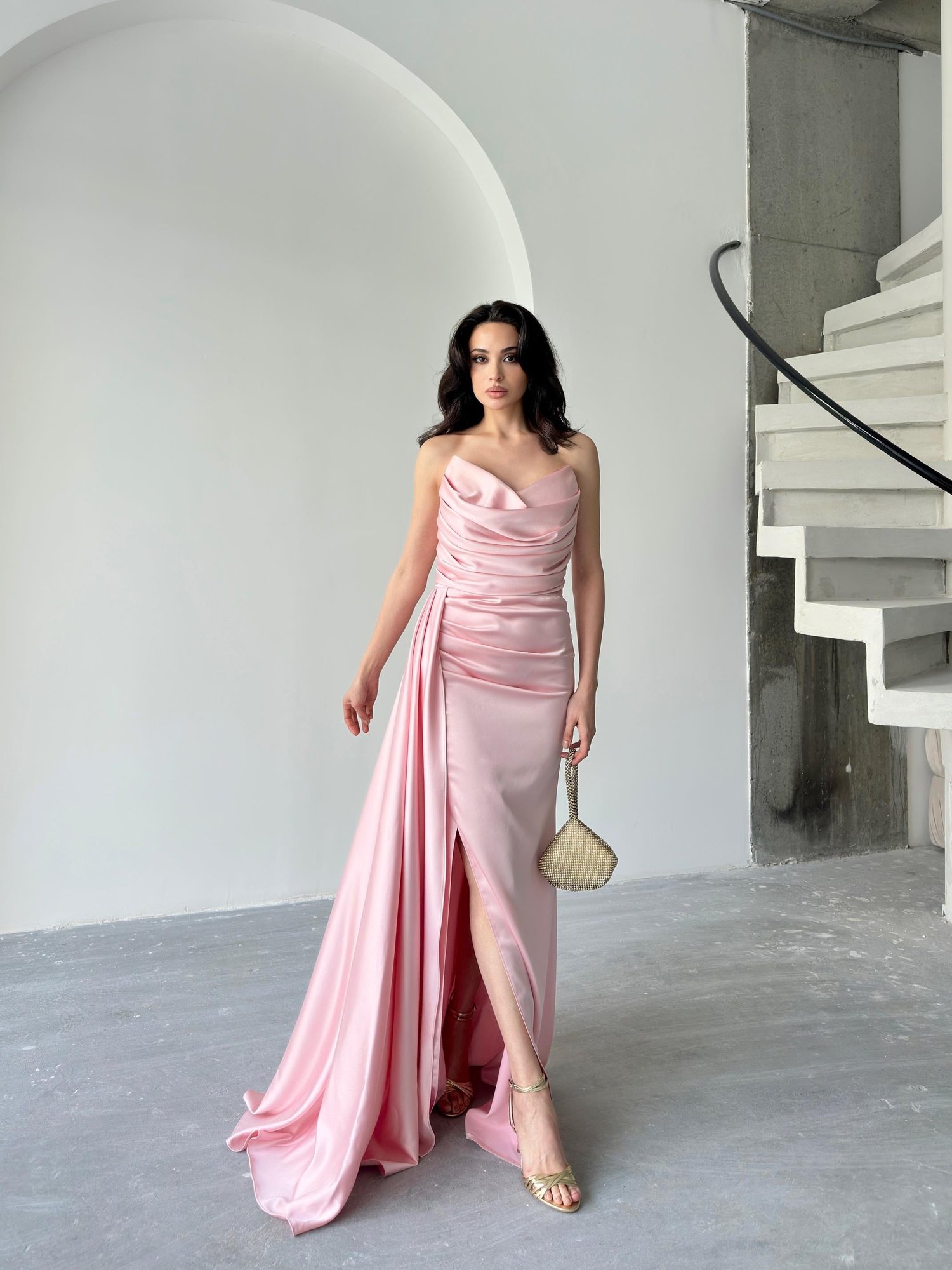 Pudra Straplez Drapeli Saten Abiye ElbiseAbiye & Mezuniyet ElbisesiST5566-7209