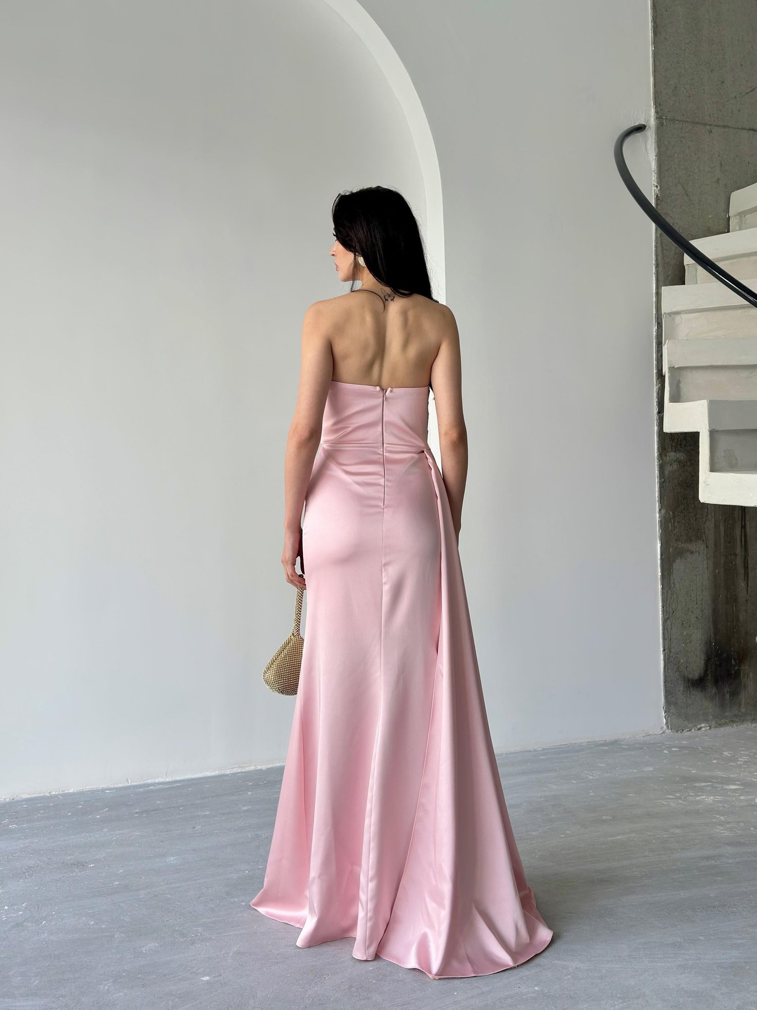 Pudra Straplez Drapeli Saten Abiye ElbiseAbiye & Mezuniyet ElbisesiST5566-7209