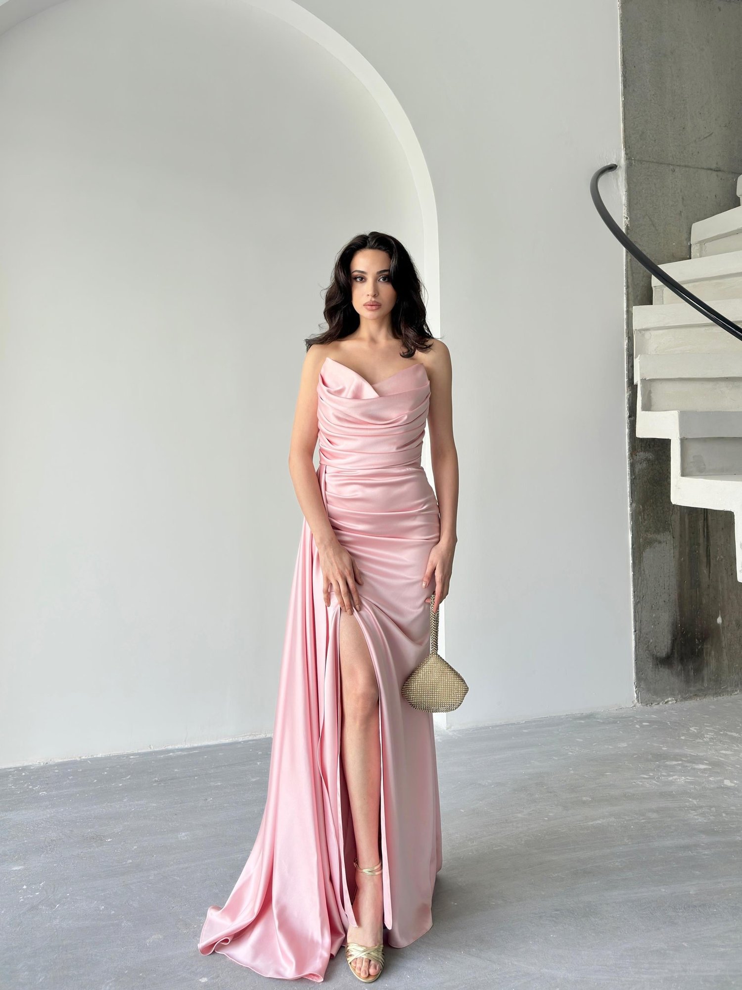 Pudra Straplez Drapeli Saten Abiye ElbiseAbiye & Mezuniyet ElbisesiST5566-7209