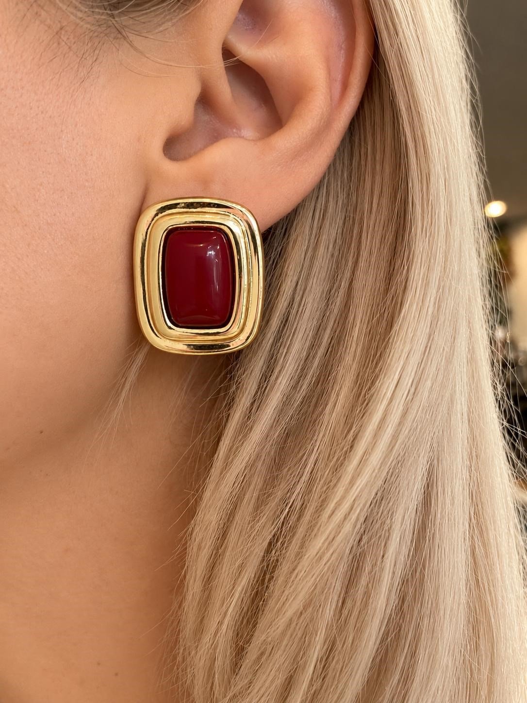 Bordo Kare Form Gold Küpe