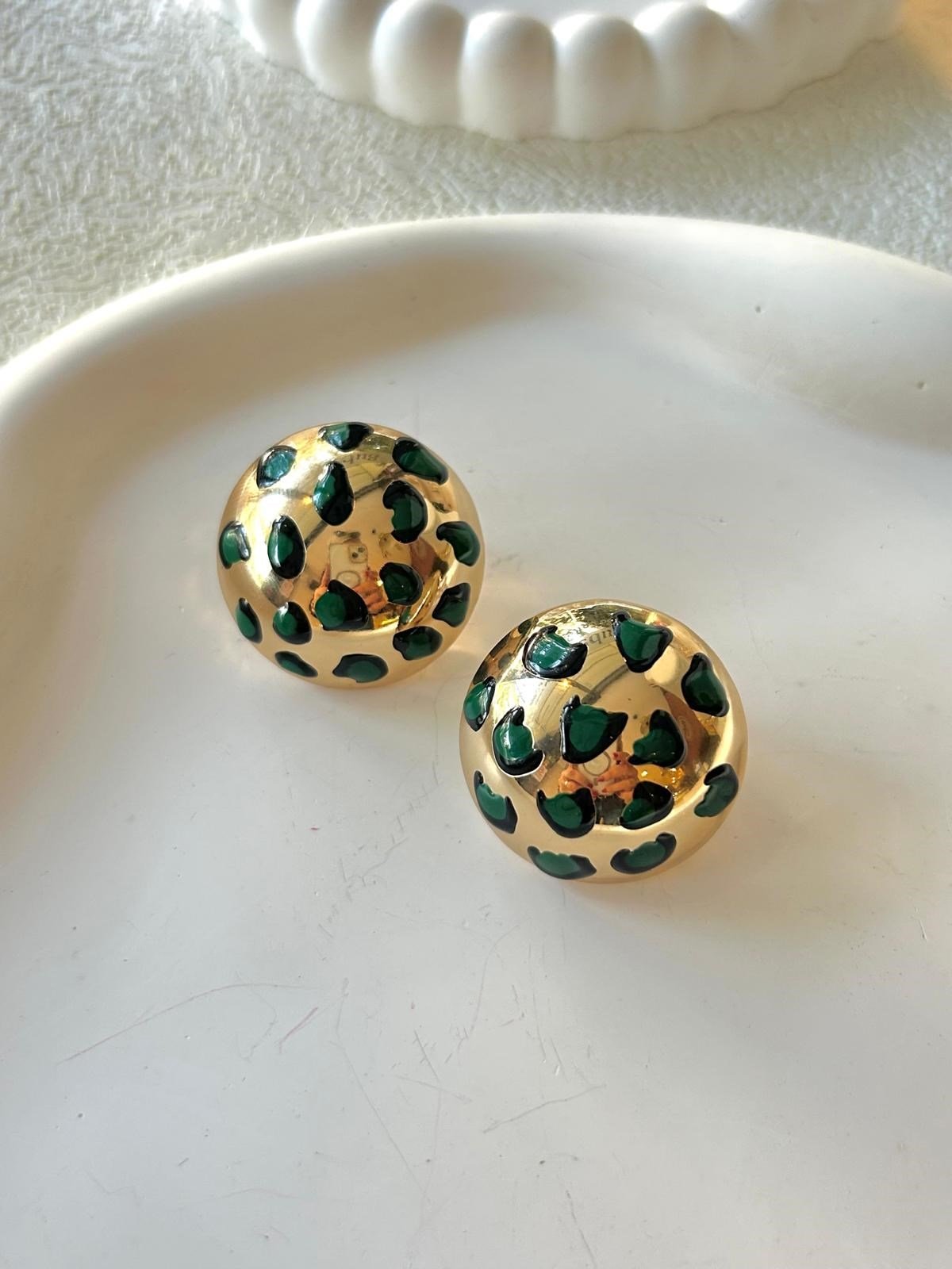 Yeşil Desenli Gold Küpe