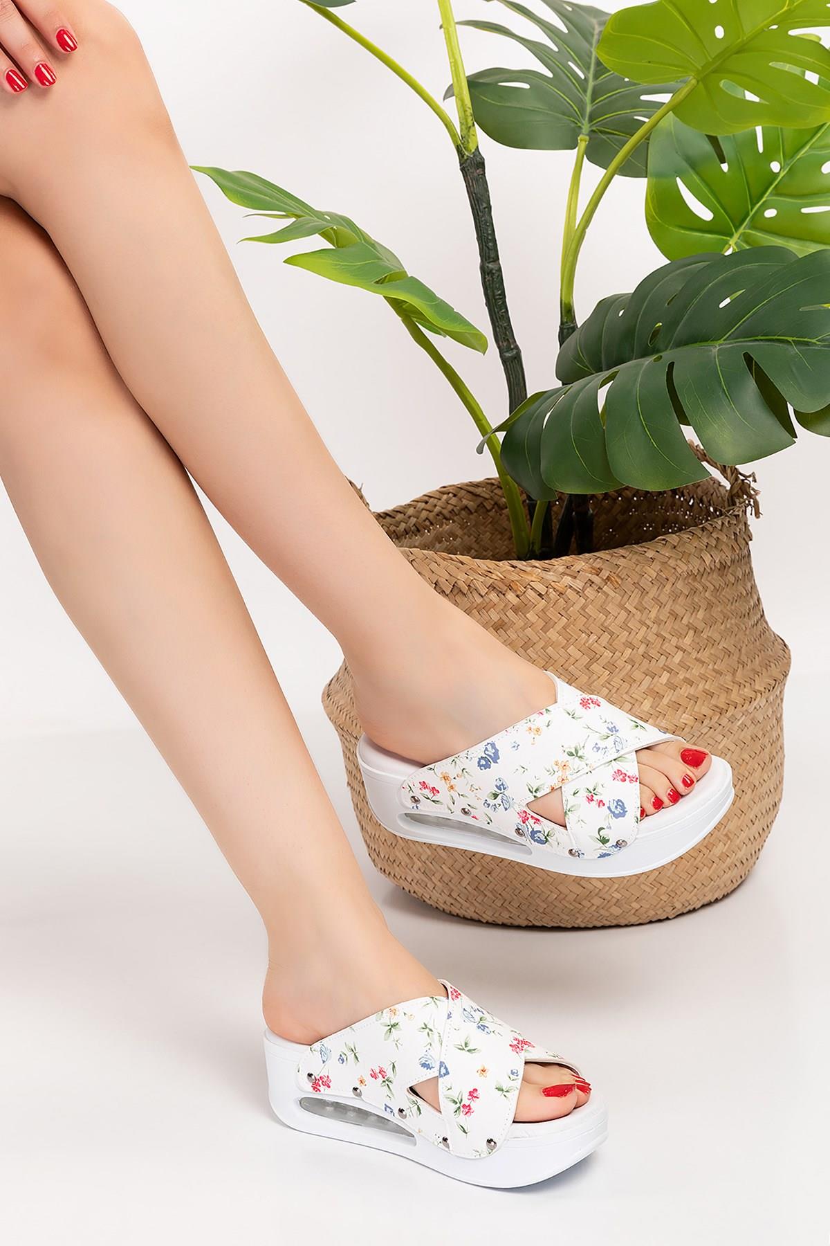 Beyaz Çiçekli Desenli Çapraz Model Açık Airmax Taban Ortopedik Terlik-Nur Ortopedi
