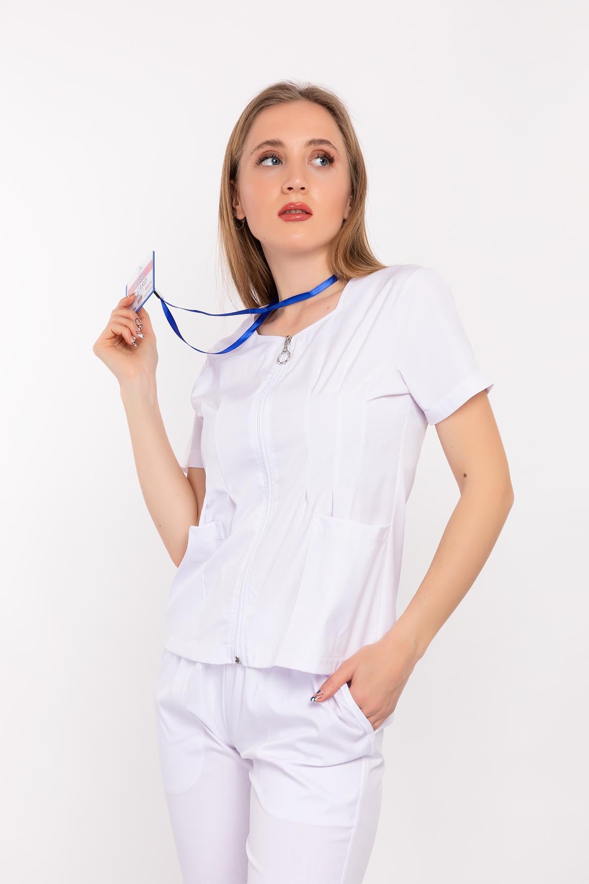 Beyaz Lily Model Fermuarlı Soft Likra Doktor Hemşire Cerrahi Üniforma Takım-Nur Medikal Giyim