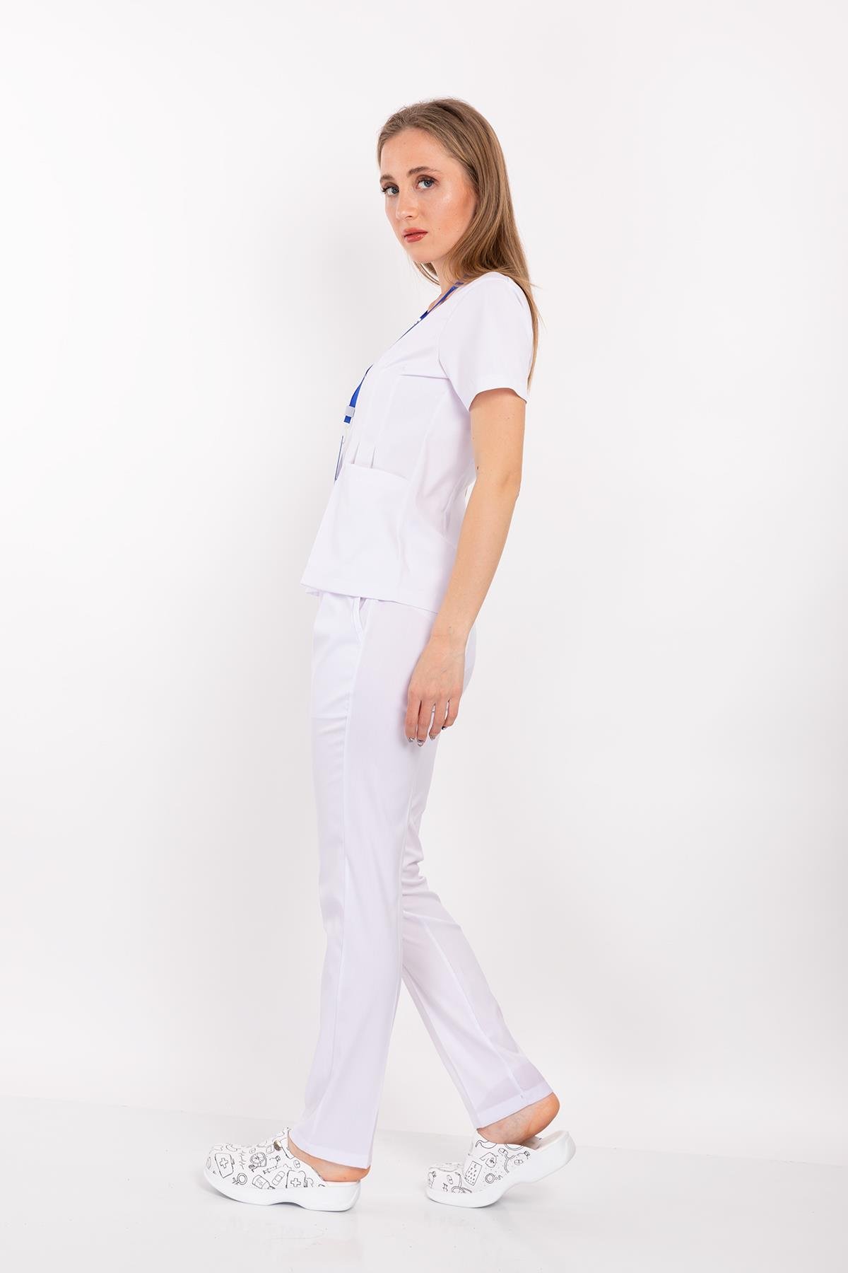 Beyaz Lily Model Fermuarlı Soft Likra Doktor Hemşire Cerrahi Üniforma Takım-Nur Medikal Giyim