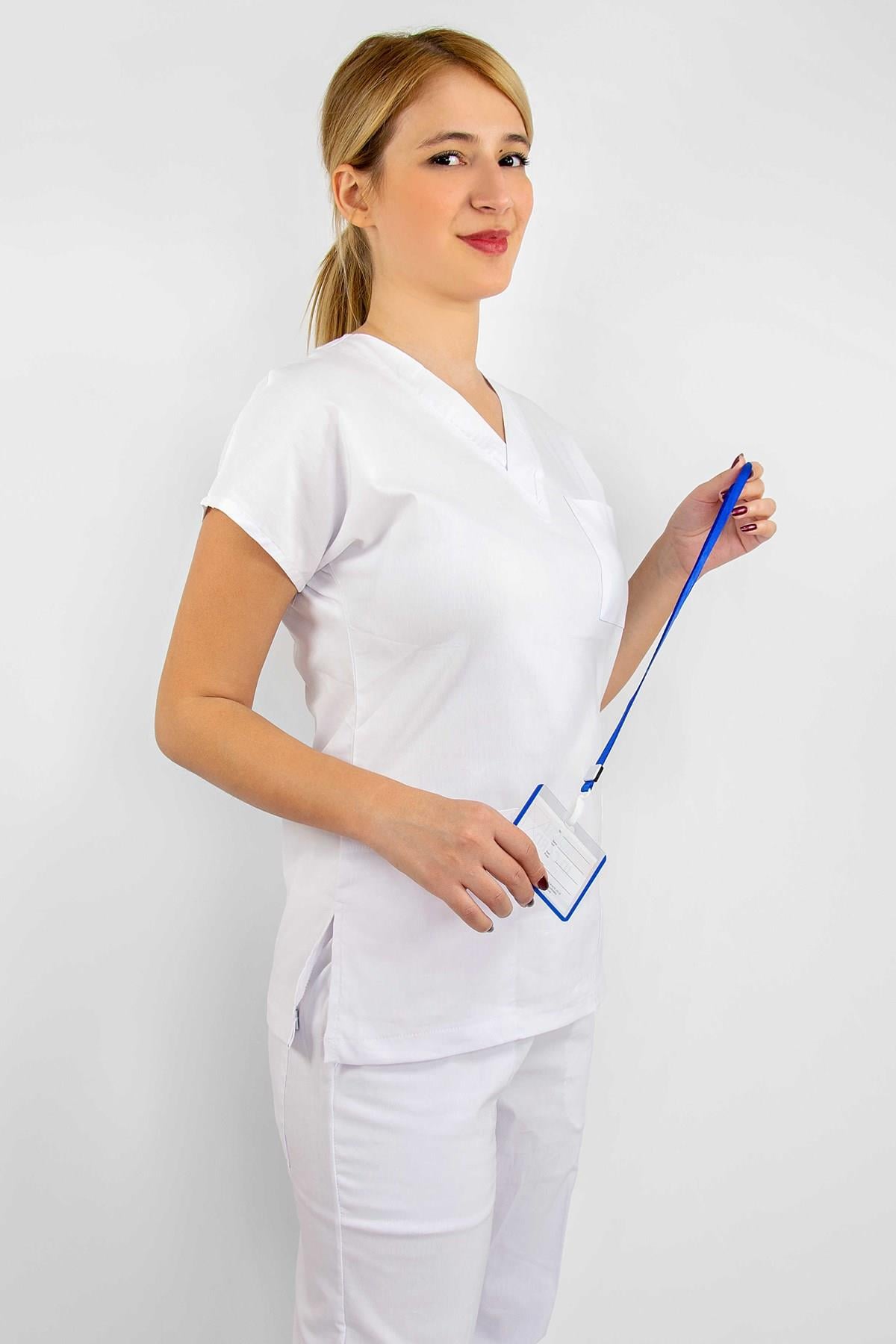 Beyaz Soft Likra Hemşire Hastane Doktor Cerrahi Takım Üniforma-Nur Medikal Giyim