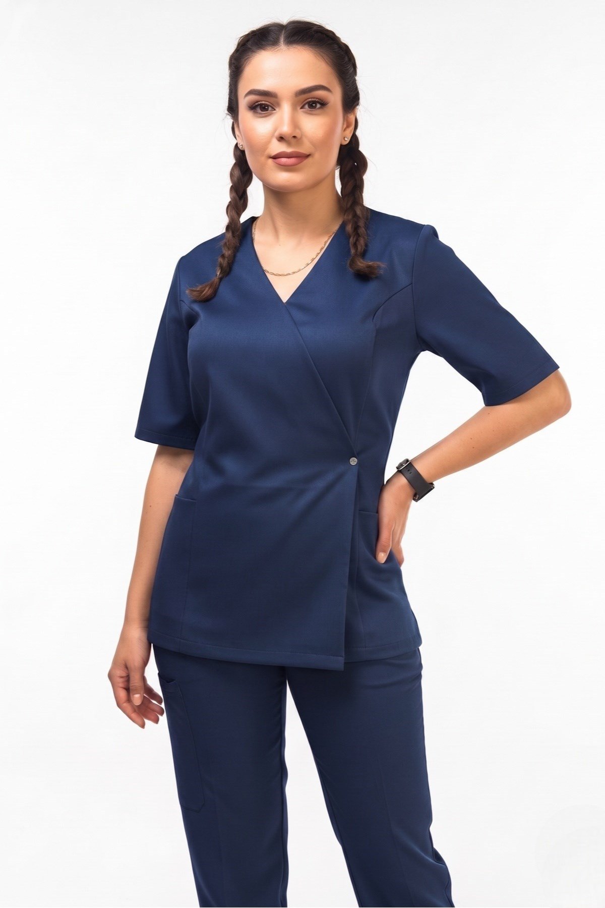 Gülce Model Lacivert Renk Scrubs Kadın Doktor Hemşire Üniforma Takımı-Nur Medikal Giyim