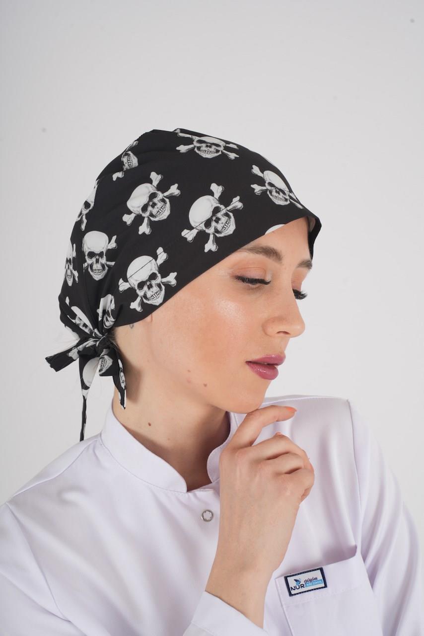 Siyah Kuru Kafa Desenli Tesettür Doktor Hemşire Hastane Aşçı Cerrahi Bone-Nur Medikal Giyim