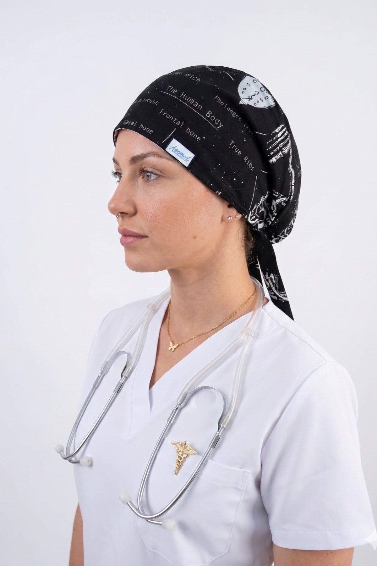 Tesettür İskelet Desenli Doktor Hemşire Hastane Aşçı Cerrahi Tesettür Bonesi-Nur Medikal Giyim