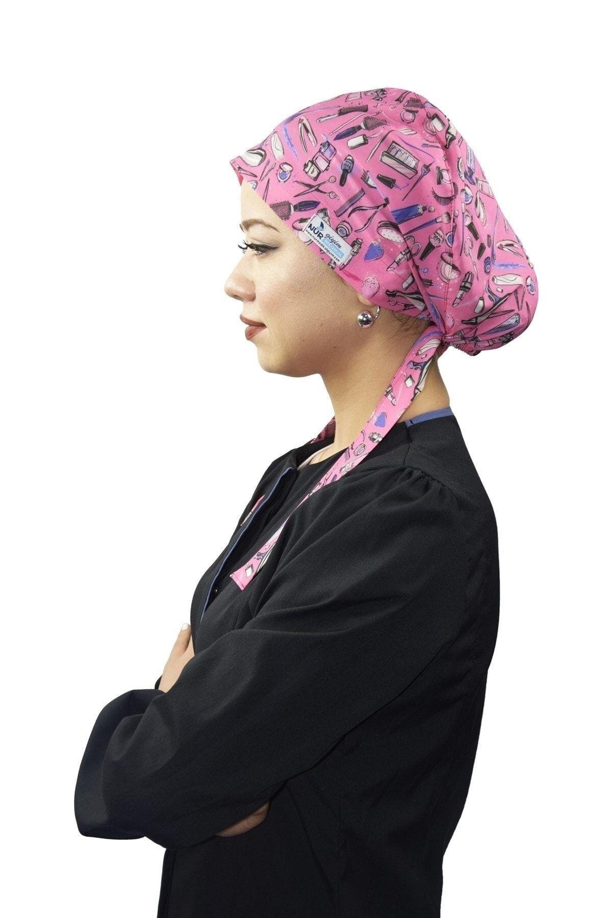 Tesettür Pembe Güzellik Desen Likralı Estetisyen Kuaför Güzellik Salonu Tesettür Bone-Nur Medikal Giyim