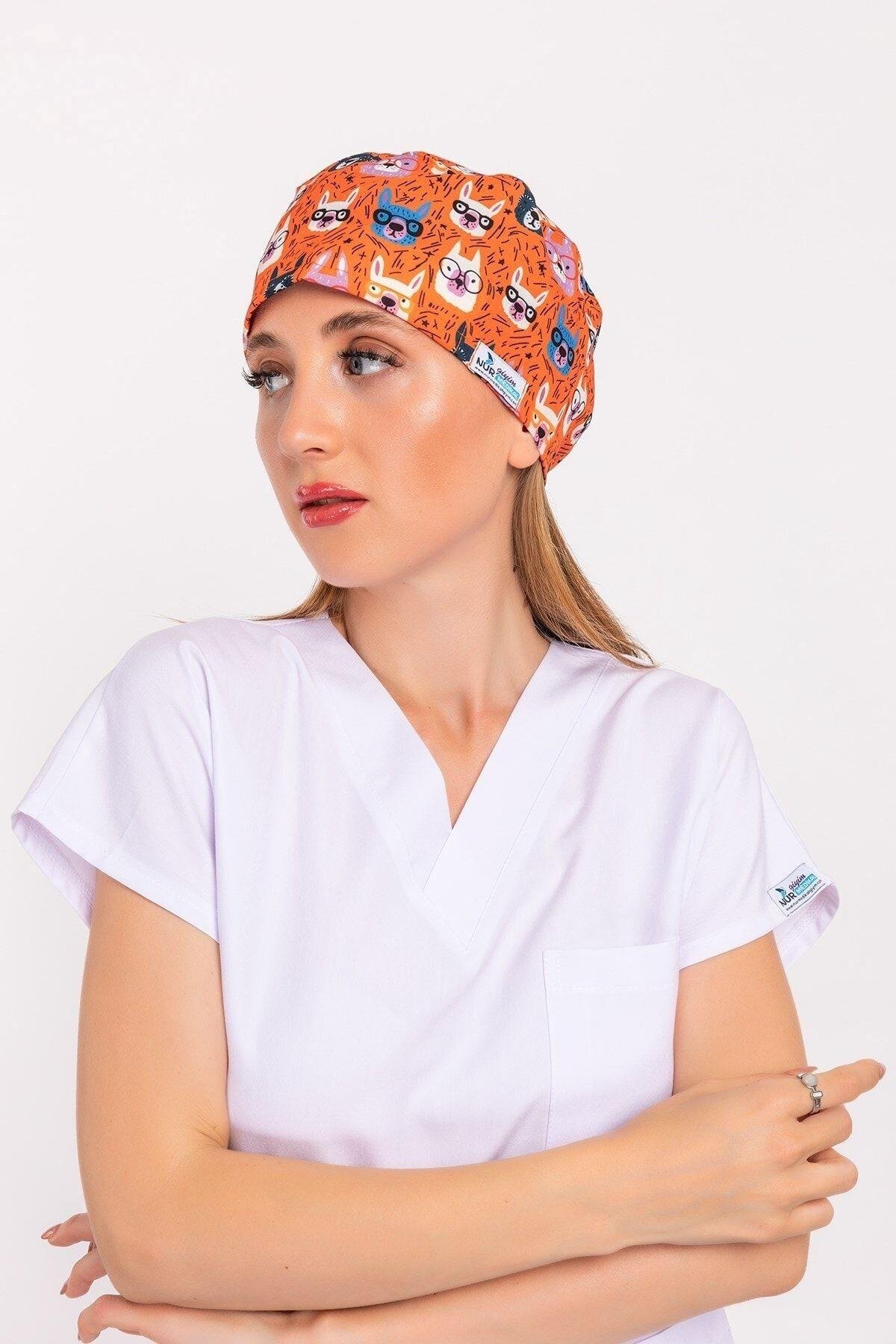 Turuncu Tavşan Desenli Hemşire Doktor Hastane Aşçı Cerrahi Bone-Nur Medikal Giyim