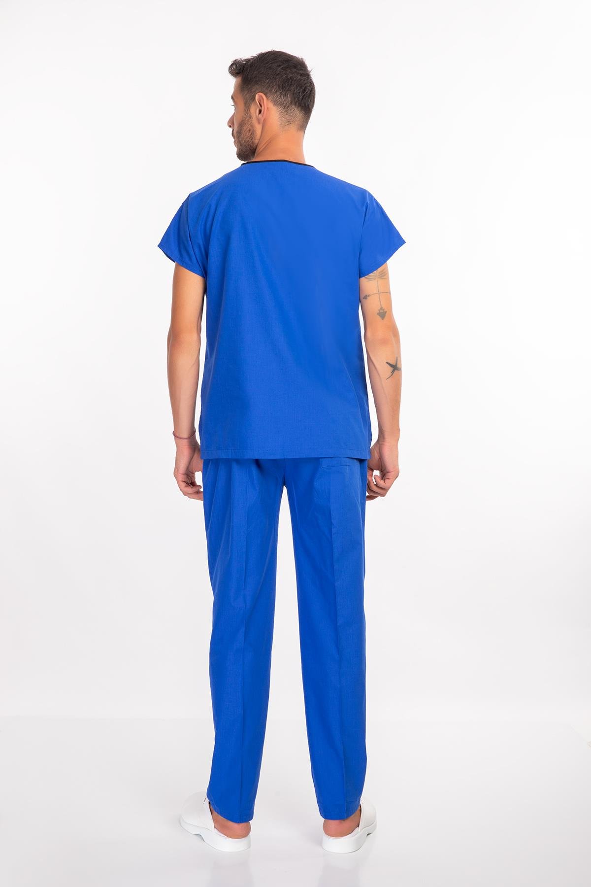 Unisex Saks Mavi Terikoton Doktor Hemşire Üniforma Takım Scrubs-Nur Medikal Giyim