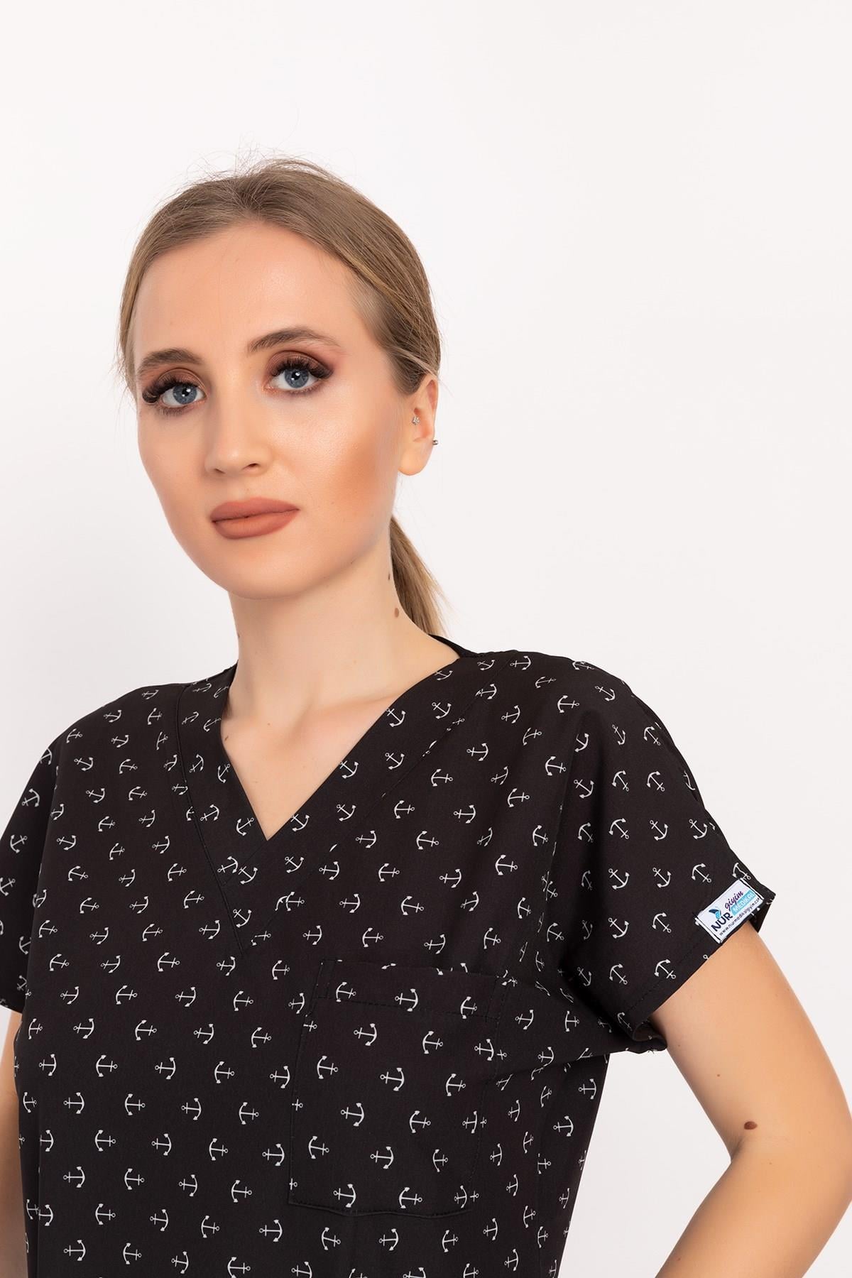 Unisex Siyah Çapa Desenli Doktor Hemşire Hastane Aşçı Scrubs Üniforma Takımı-Nur Medikal Giyim