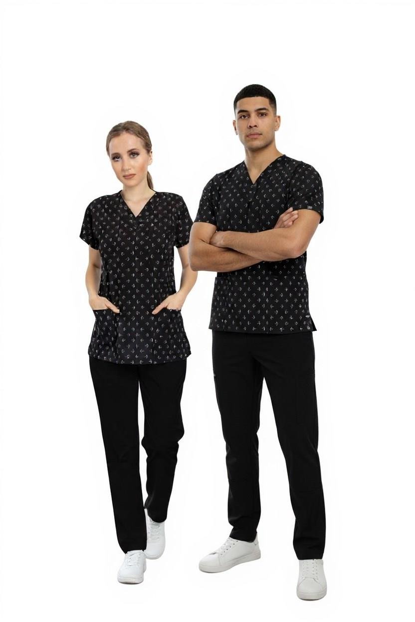 Unisex Siyah Çapa Desenli Doktor Hemşire Hastane Aşçı Scrubs Üniforma Takımı-Nur Medikal Giyim