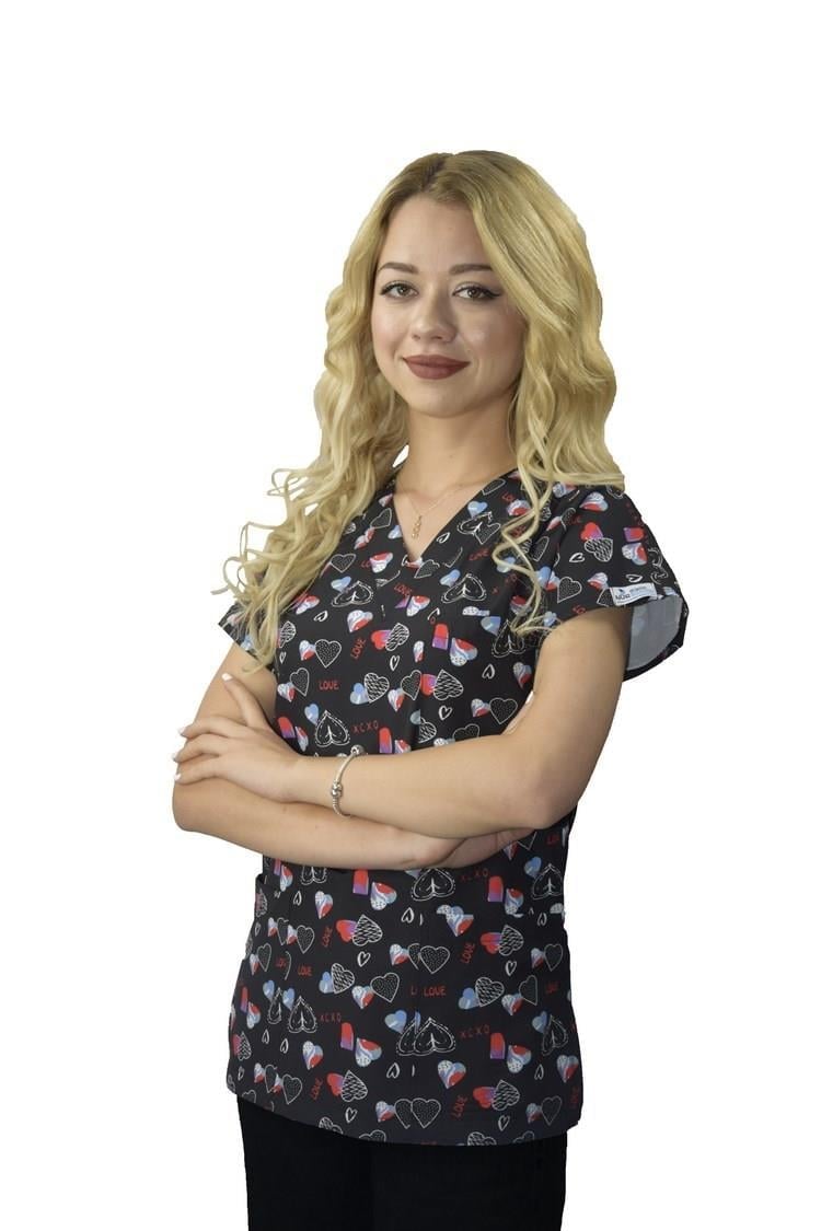 Unisex Siyah Love Desenli Veteriner Doktor Hemşire Cerrahi Scrubs Üniforma Takım-Nur Medikal Giyim