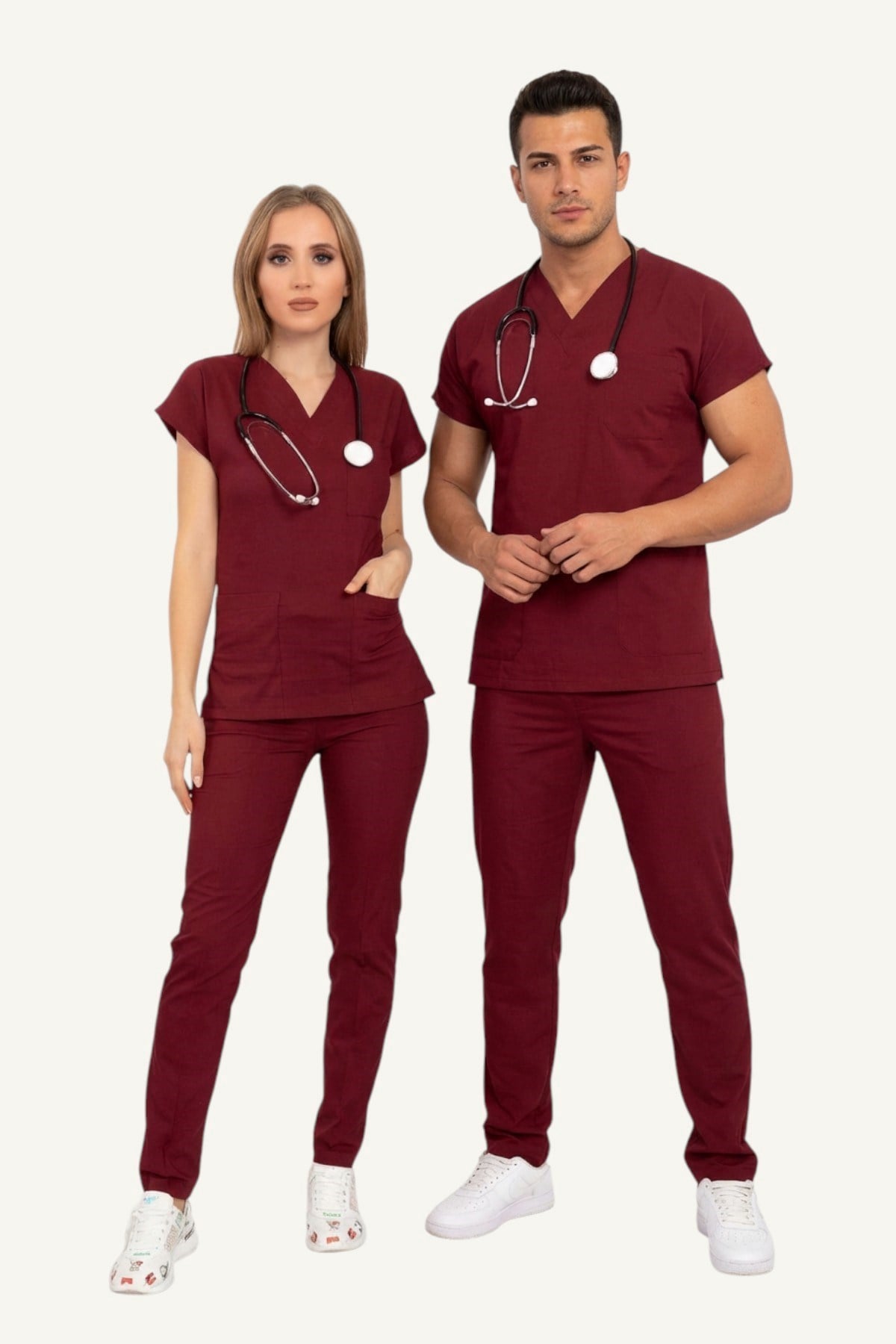 Unisex Soft Likra Bordo Hemşire Ve Doktor Üniforması Cerrahi Takım Scrubs-Nur Medikal Giyim