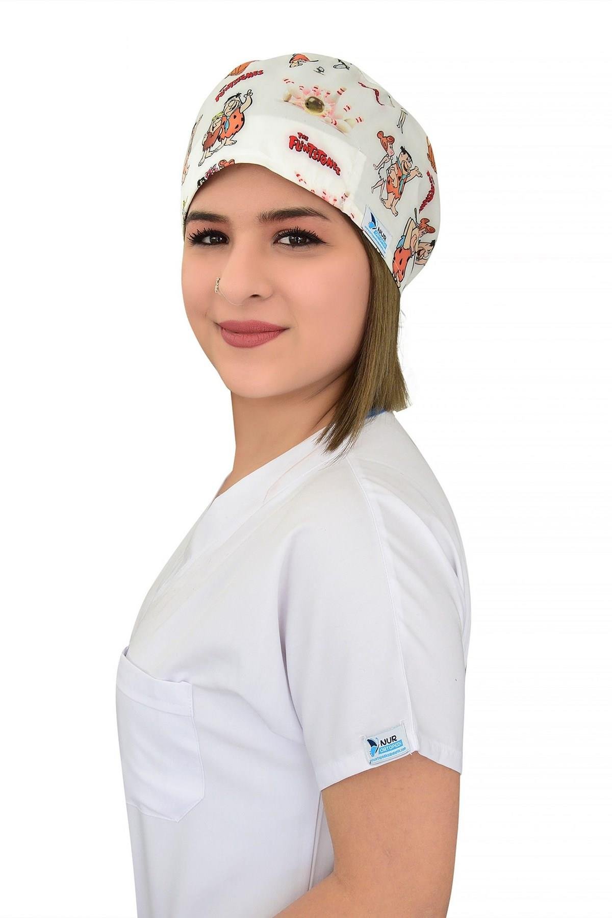 Unisex Taş Devri Desenli Cerrahi Bone Hemşire Doktor Saç Bonesi-Nur Medikal Giyim