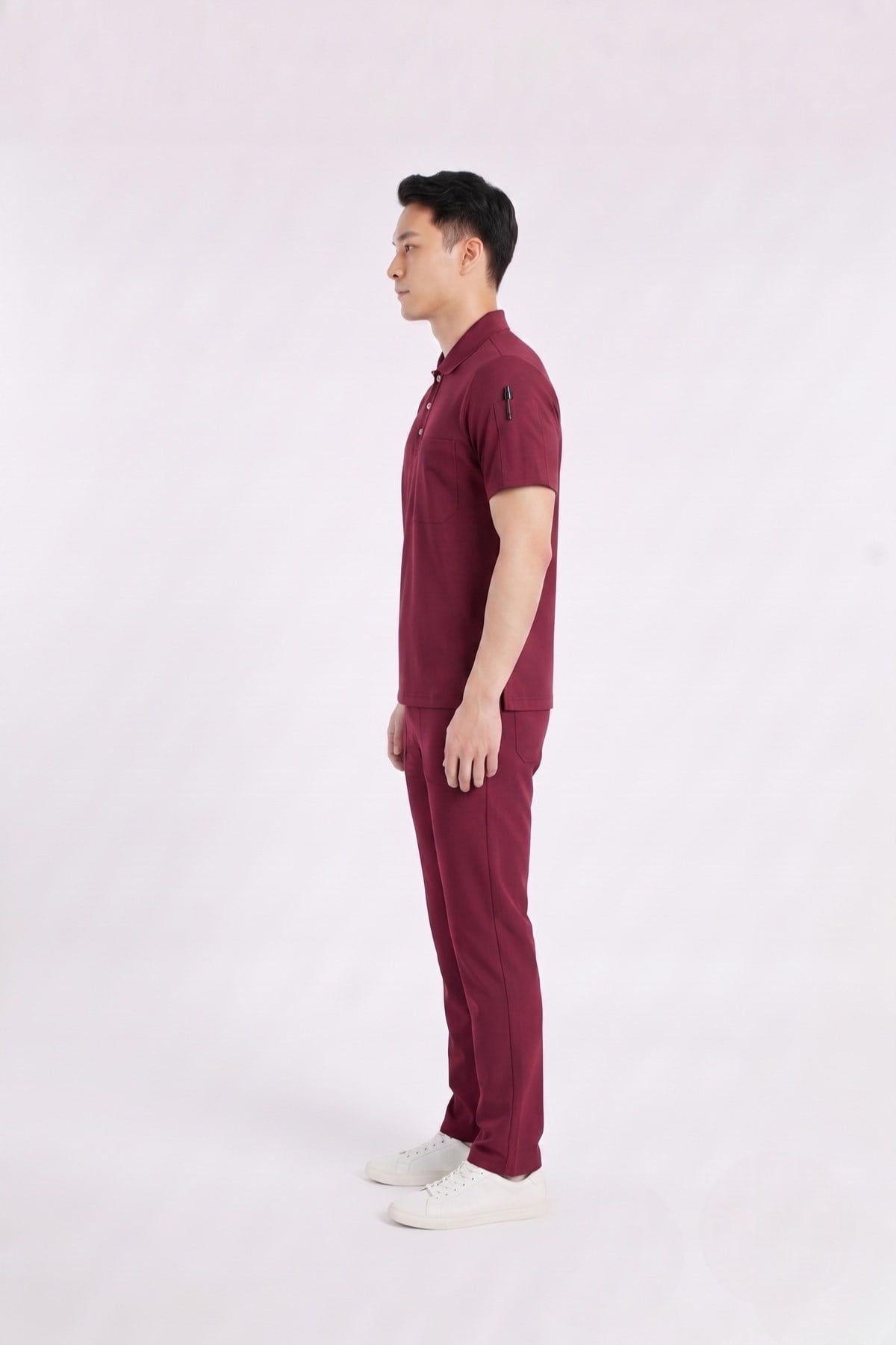 Zulu Model Bordo Polo Yaka Likralı Erkek Doktor Hemşire Scrubs Üniforma Takımı-Nur Medikal Giyim