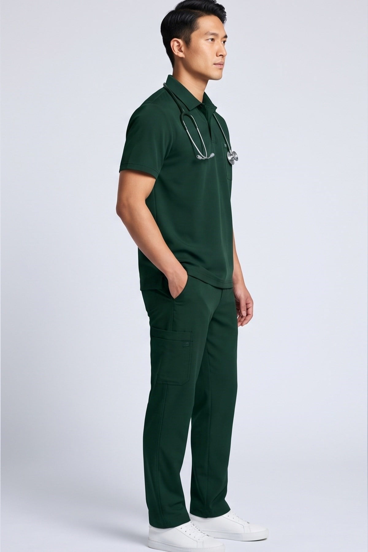 Zulu Model Ördekbaşı Yeşili Polo Yaka Likralı Erkek Doktor Hemşire Scrubs Üniforma Takımı-Nur Medikal Giyim
