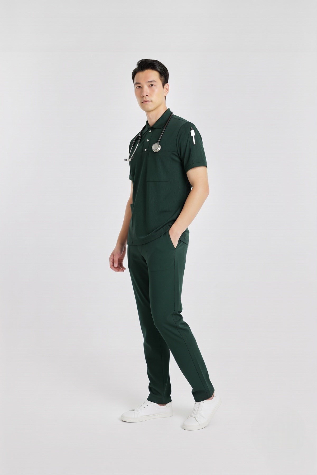 Zulu Model Ördekbaşı Yeşili Polo Yaka Likralı Erkek Doktor Hemşire Scrubs Üniforma Takımı-Nur Medikal Giyim