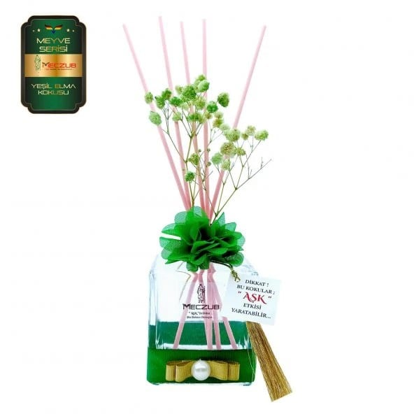 Aşk-ı Sermest Toptan Meczub Meyve Serisi Yeşil Elma Kokulu 3 x 200 ml küp Şişe Bambu Çubuklu Ortam Kokusu Reed Diffuser Oda Kokusu
