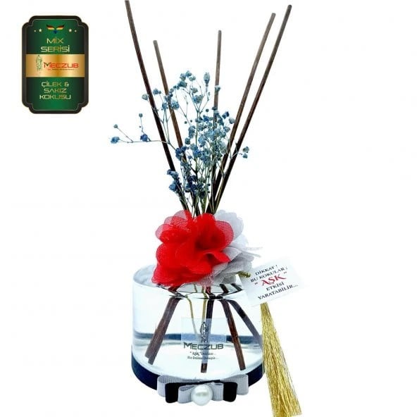 Aşk-ı Sermest Toptan Meczub Mix Serisi Çilek & Sakız Kokulu 5 x 200 ml Silindir Şişe Bambu Çubuklu Ortam Kokusu Reed Diffuser Oda Kokusu
