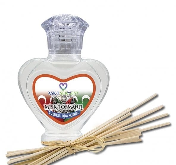 Aşk-ı Sermest Toptan Misk-i Osmanlı Çiçek Aromalı Bambu Çubuklu Oda Kokusu Reed Diffuser Ortam Kokusu Parfüm, Kalp Şişe, 60 mL, 5 Adet
