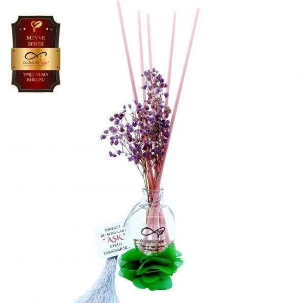 Aşk-ı Sermest Toptan Ölümsüz Aşk Meyve Serisi Yeşil Elma Kokulu 10 x 50 ml Oval Şişe Bambu Çubuklu Ortam Kokusu Reed Diffuser Oda Kokusu