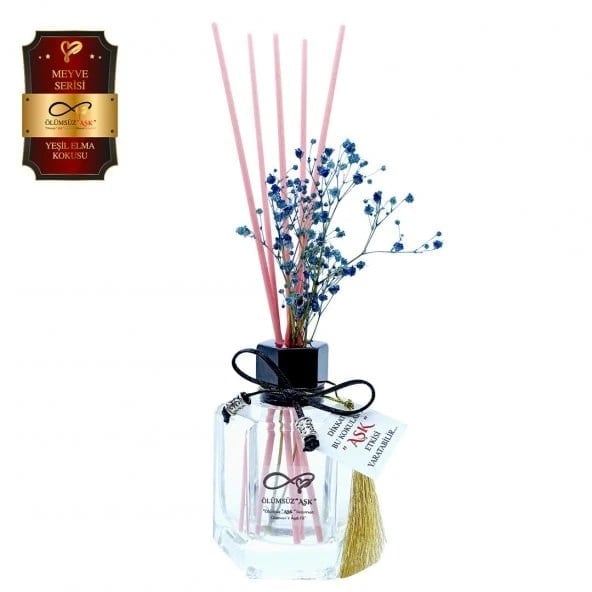 Aşk-ı Sermest Toptan Ölümsüz Aşk Meyve Serisi Yeşil Elma Kokulu 5 x 120 ml Köşeli Şişe Bambu Çubuklu Ortam Kokusu Reed Diffuser Oda Kokusu