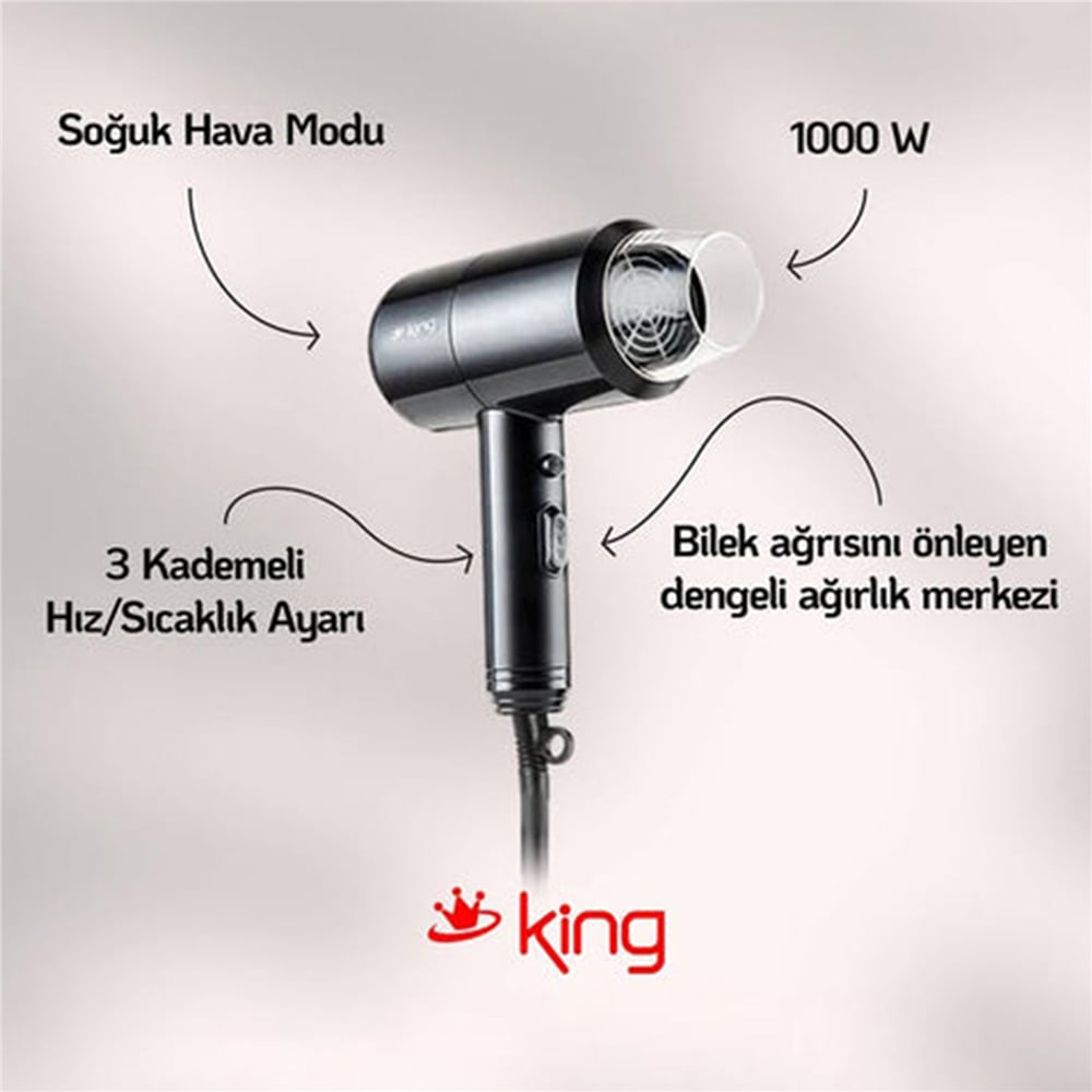King KSK439 Bariton Seyahat Tipi Saç Kurutma Makinesi (Teşhir Ürünü)