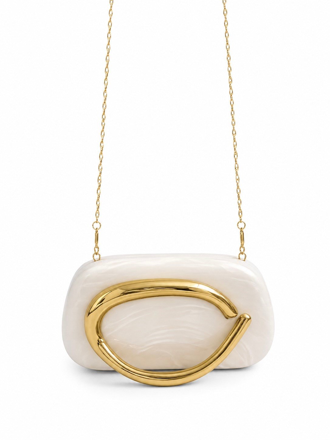Ring Oval Tutma Detaylı Clutch Abiye Çanta Beyaz