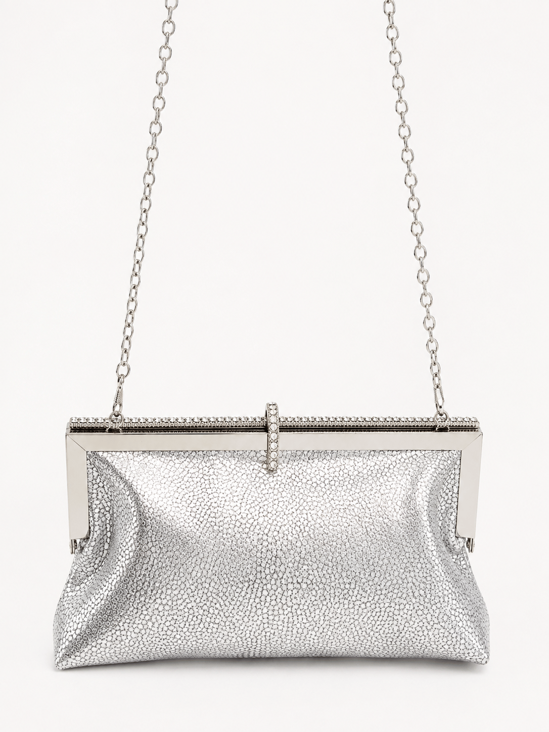 Roselle Desenli Simli Clutch Abiye Çanta Gümüş