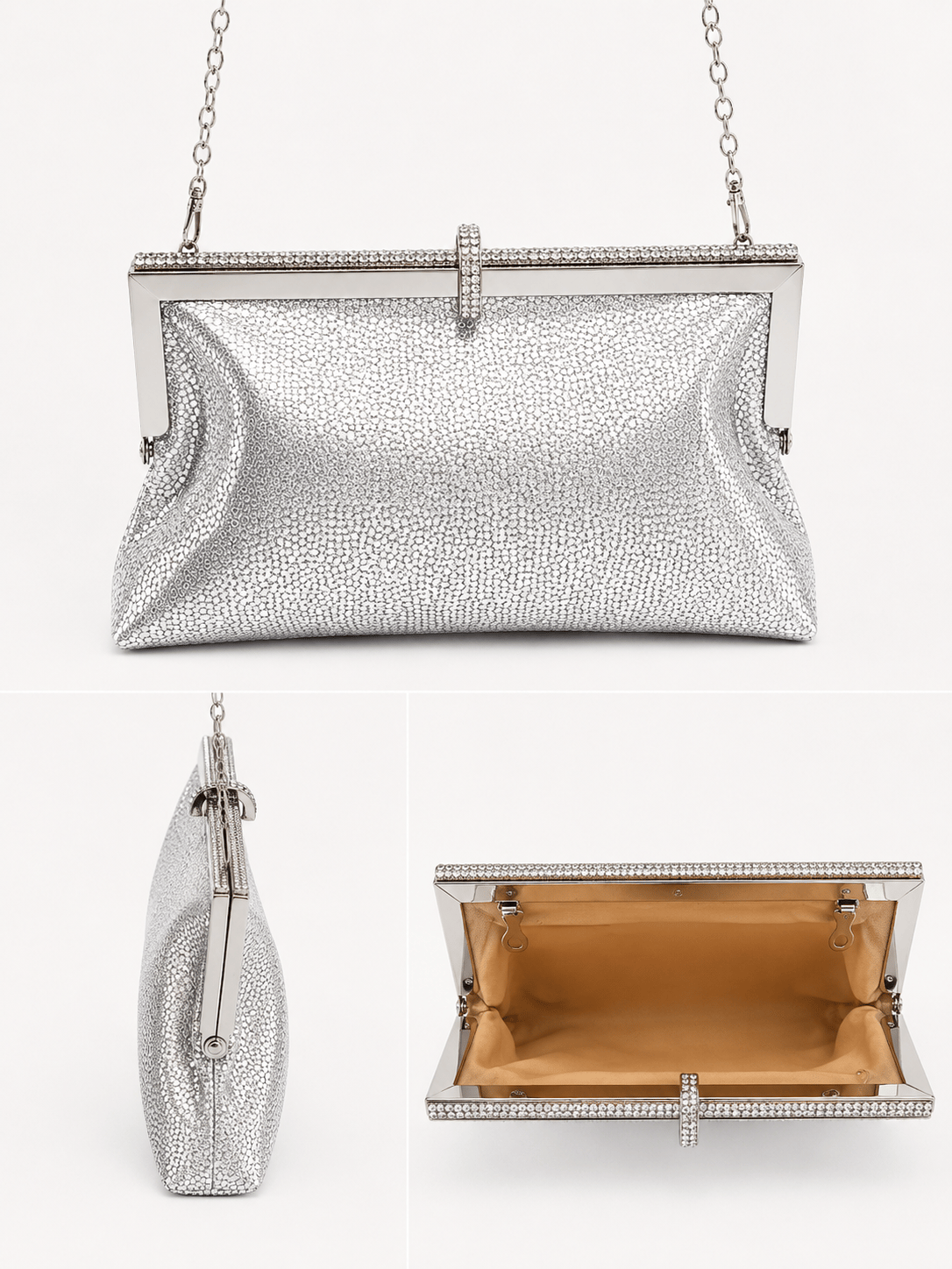 Roselle Desenli Simli Clutch Abiye Çanta Gümüş
