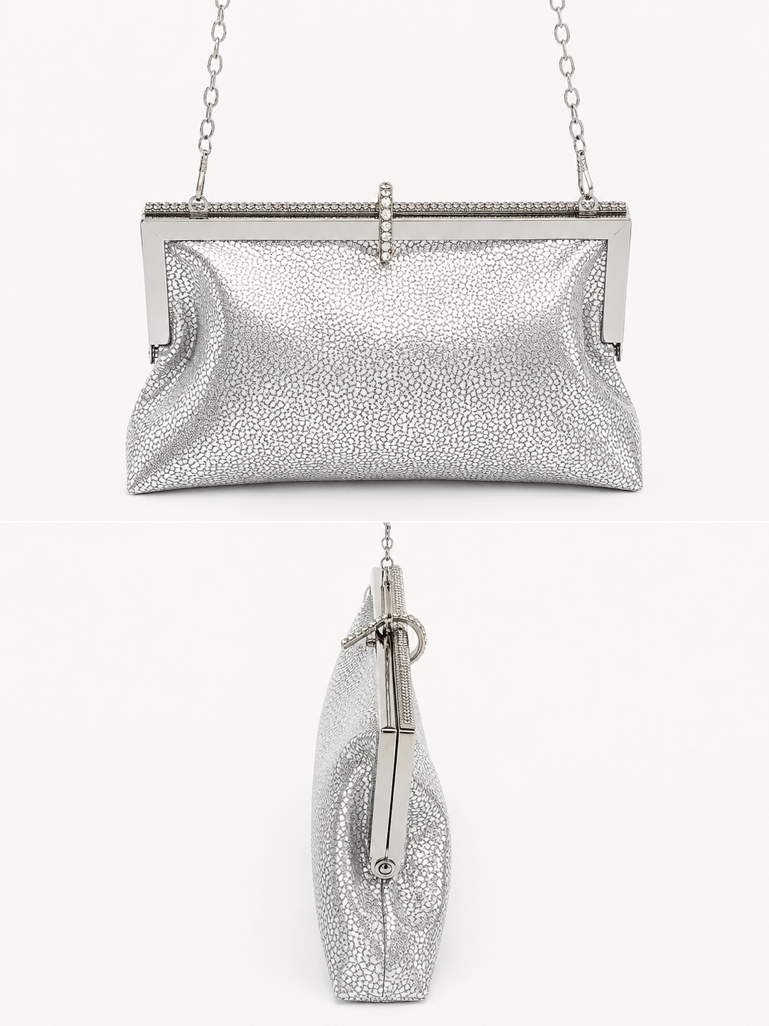 Roselle Desenli Simli Clutch Abiye Çanta Gümüş