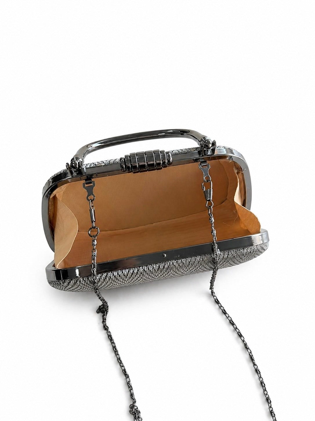 Sleek Zikzak Desenli Simli Clutch Abiye Çanta Gri