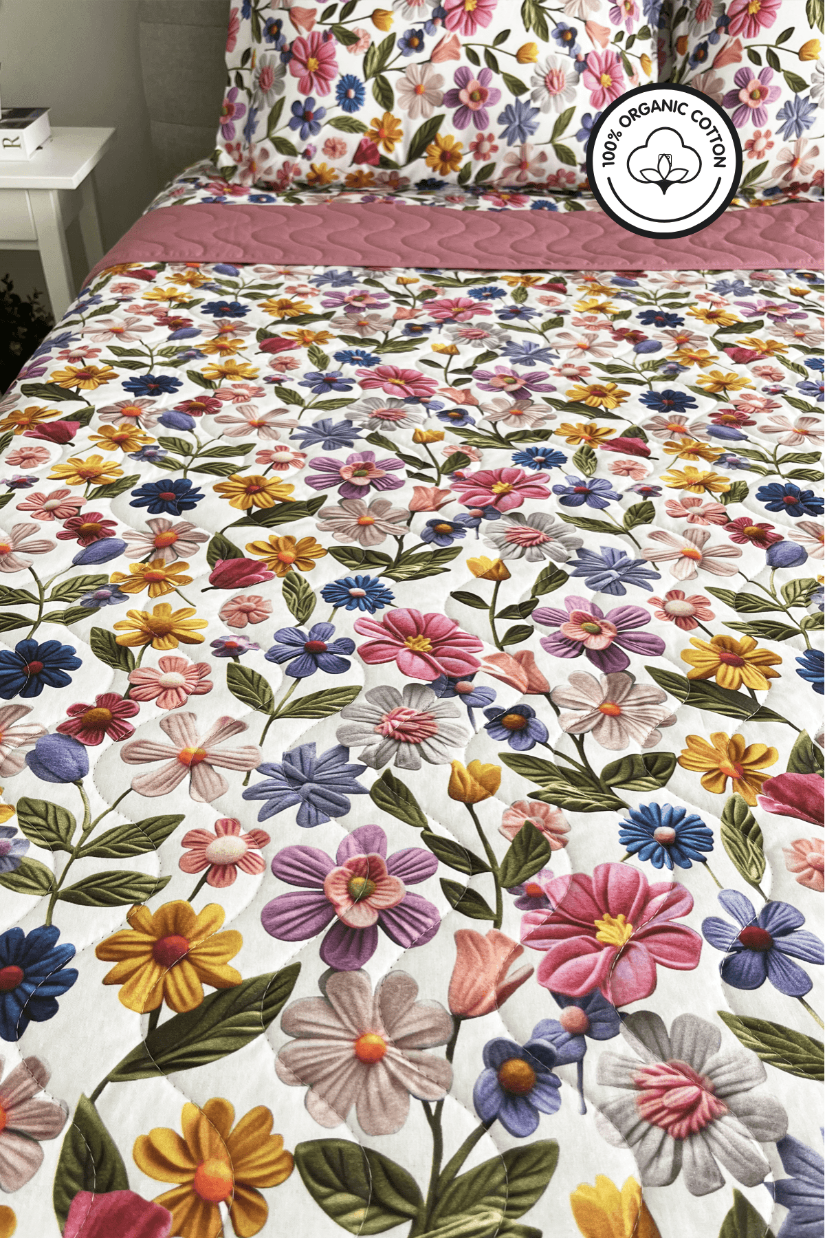 %100 Pamuk Kapitone Dijital Baskılı Yatak Örtüsü – Botanic Bloom Çift Kişilik 200x230 cm - Laviens Home
