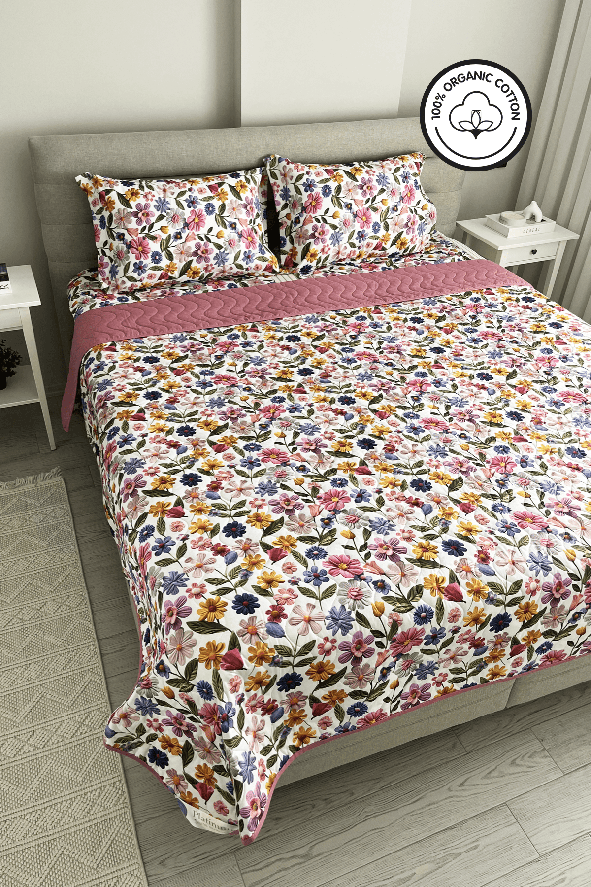 %100 Pamuk Kapitone Dijital Baskılı Yatak Örtüsü – Botanic Bloom Tek Kişilik 160x230 cm - Laviens Home