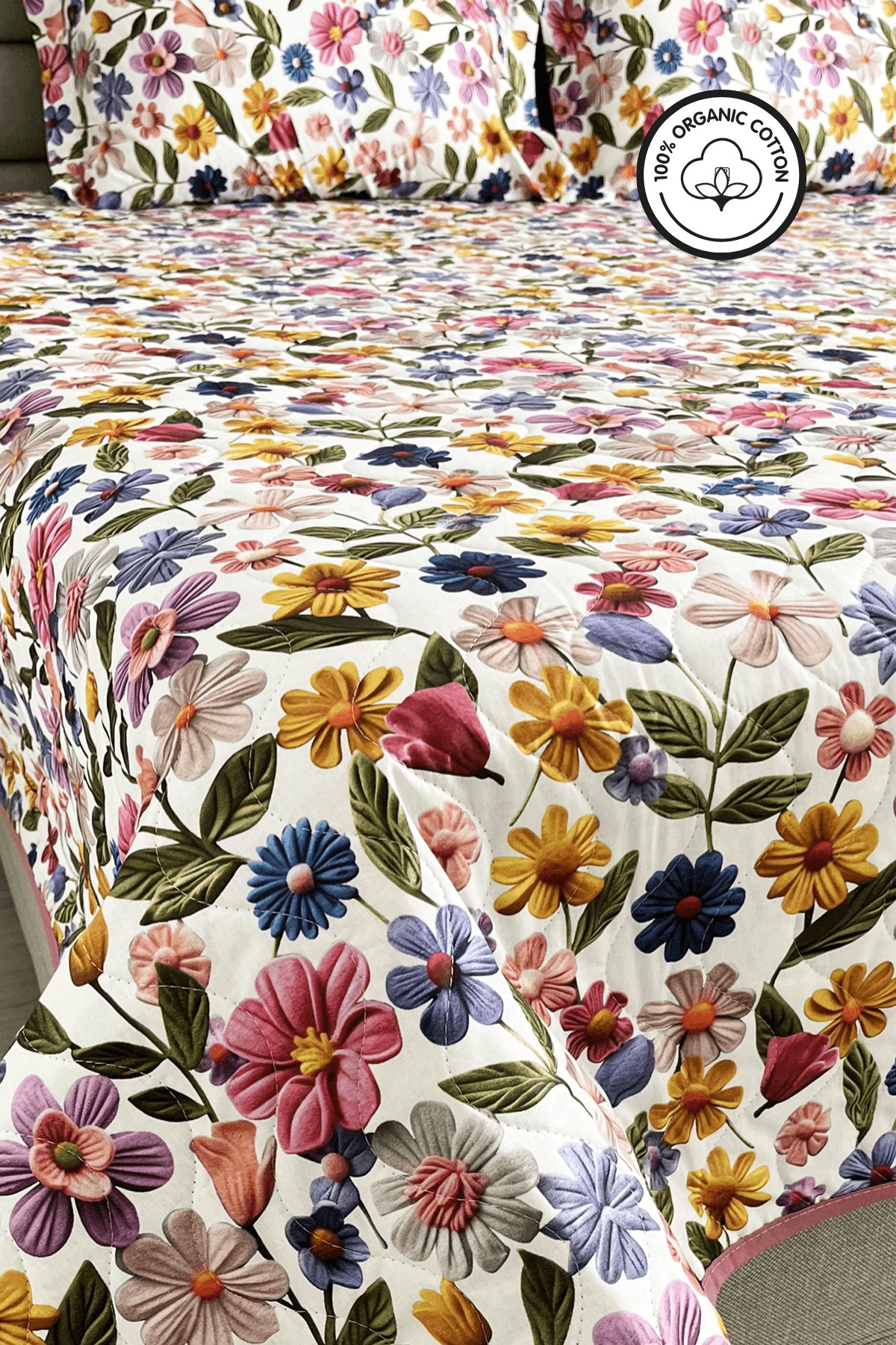 %100 Pamuk Kapitone Dijital Baskılı Yatak Örtüsü – Botanic Bloom Çift Kişilik 200x230 cm - Laviens Home