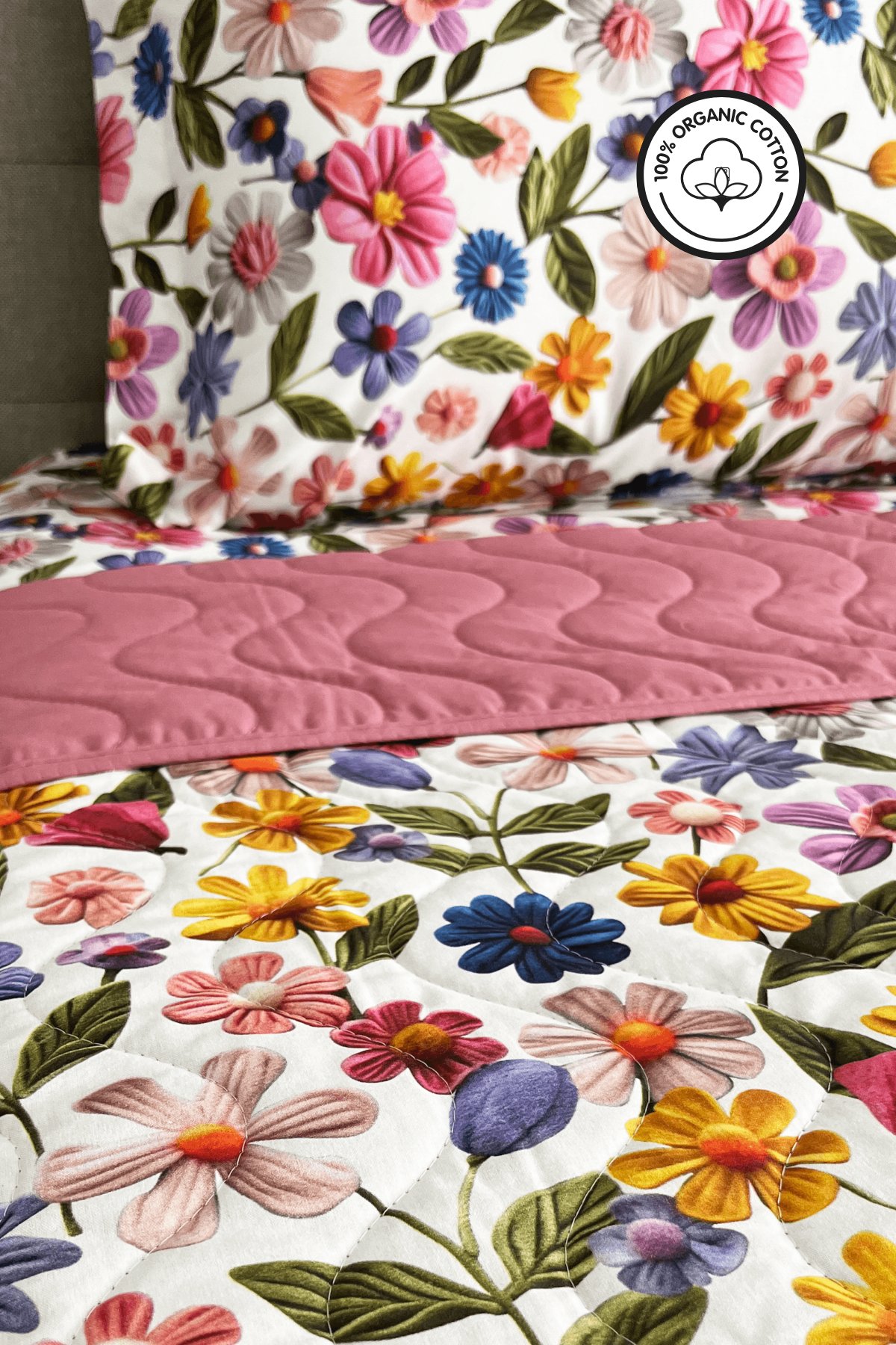%100 Pamuk Kapitone Dijital Baskılı Yatak Örtüsü – Botanic Bloom Çift Kişilik 200x230 cm - Laviens Home