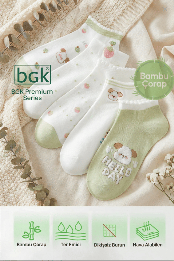 5 Çift Bambu Desenli Kadın Patik Çorap (Dikişsiz) Premium