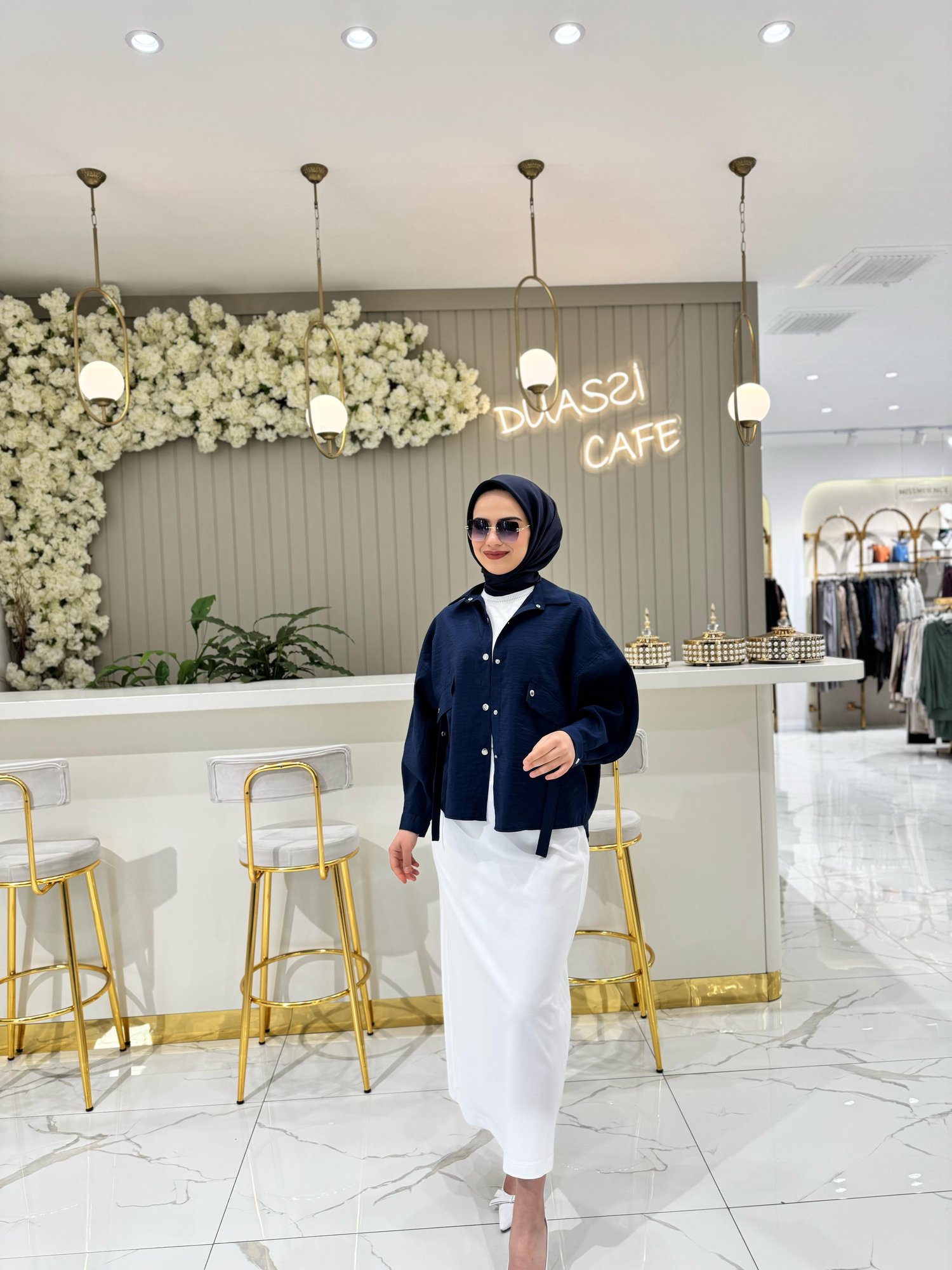 Ceremony Önden Çıt Çıtlı İki Kapak Cepli Kısa Dubaı Tunik 5164-L - LACİVERT