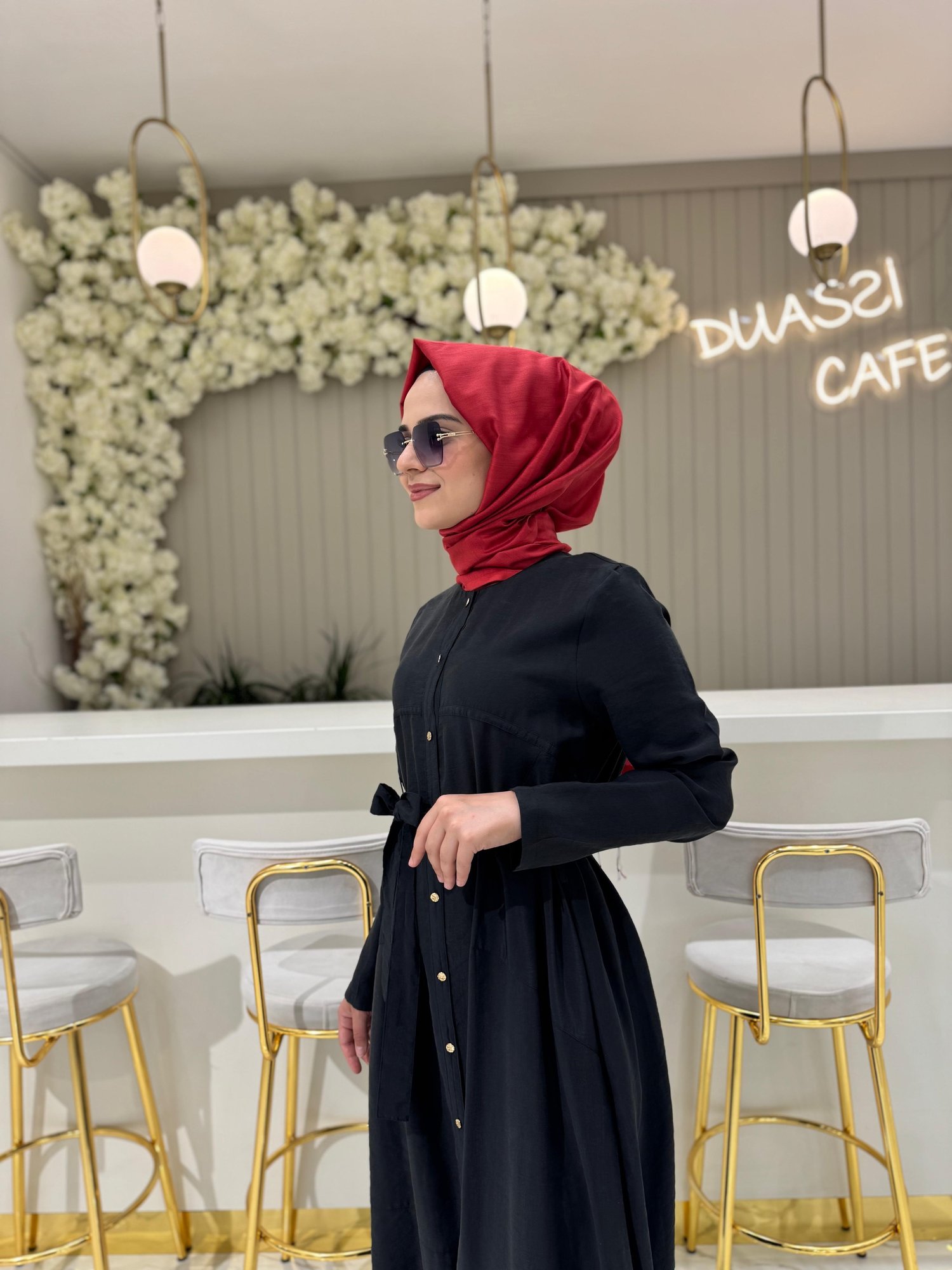 Ceremony Üçgen Kuplu Önden Düğmeli Beli Kuşak Kemer Detaylı Pasıon Elbise 5741-S - SİYAH