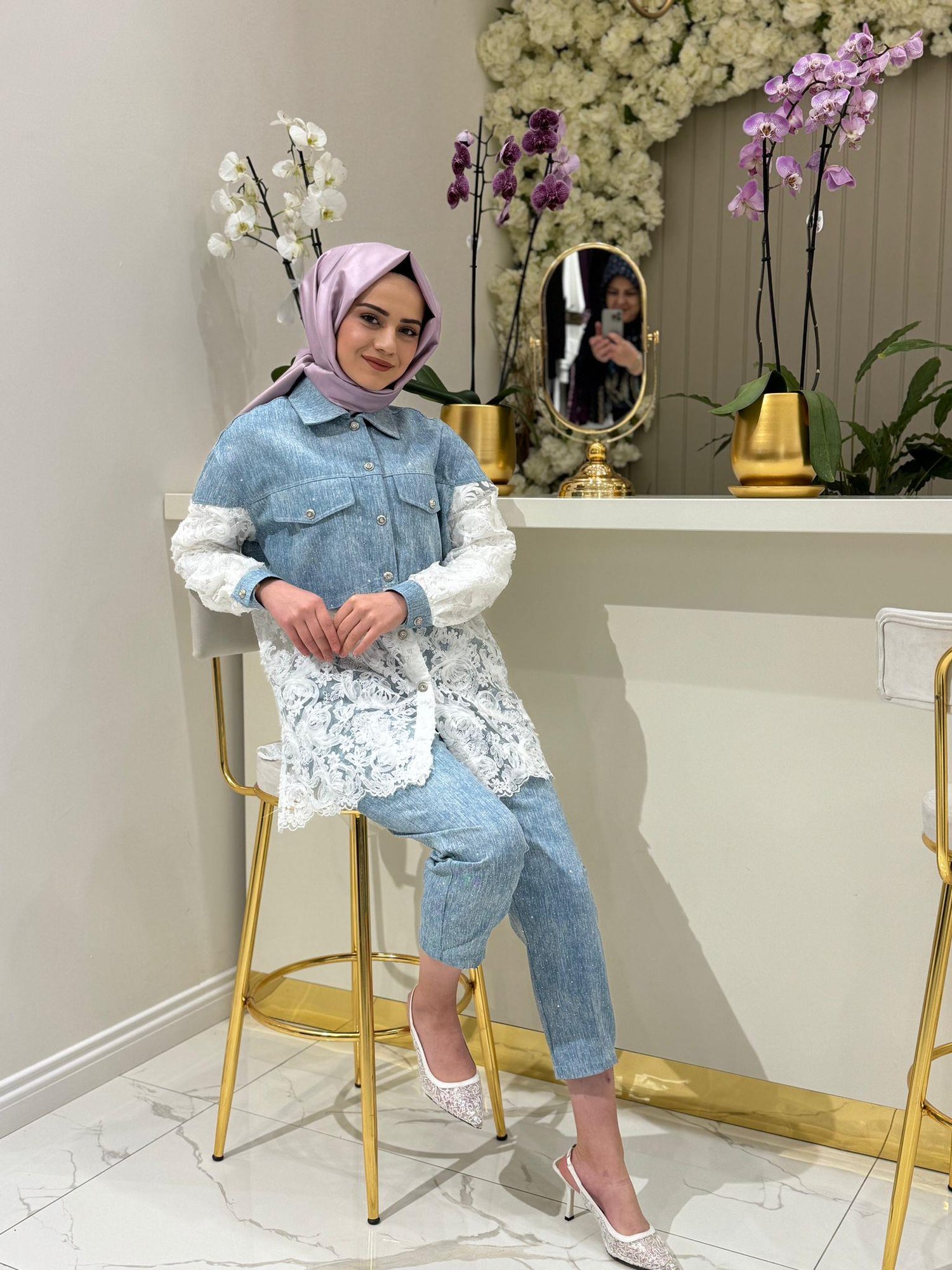 Düğme Detaylı Taşlı Pantolon 2702 - MAVİ
