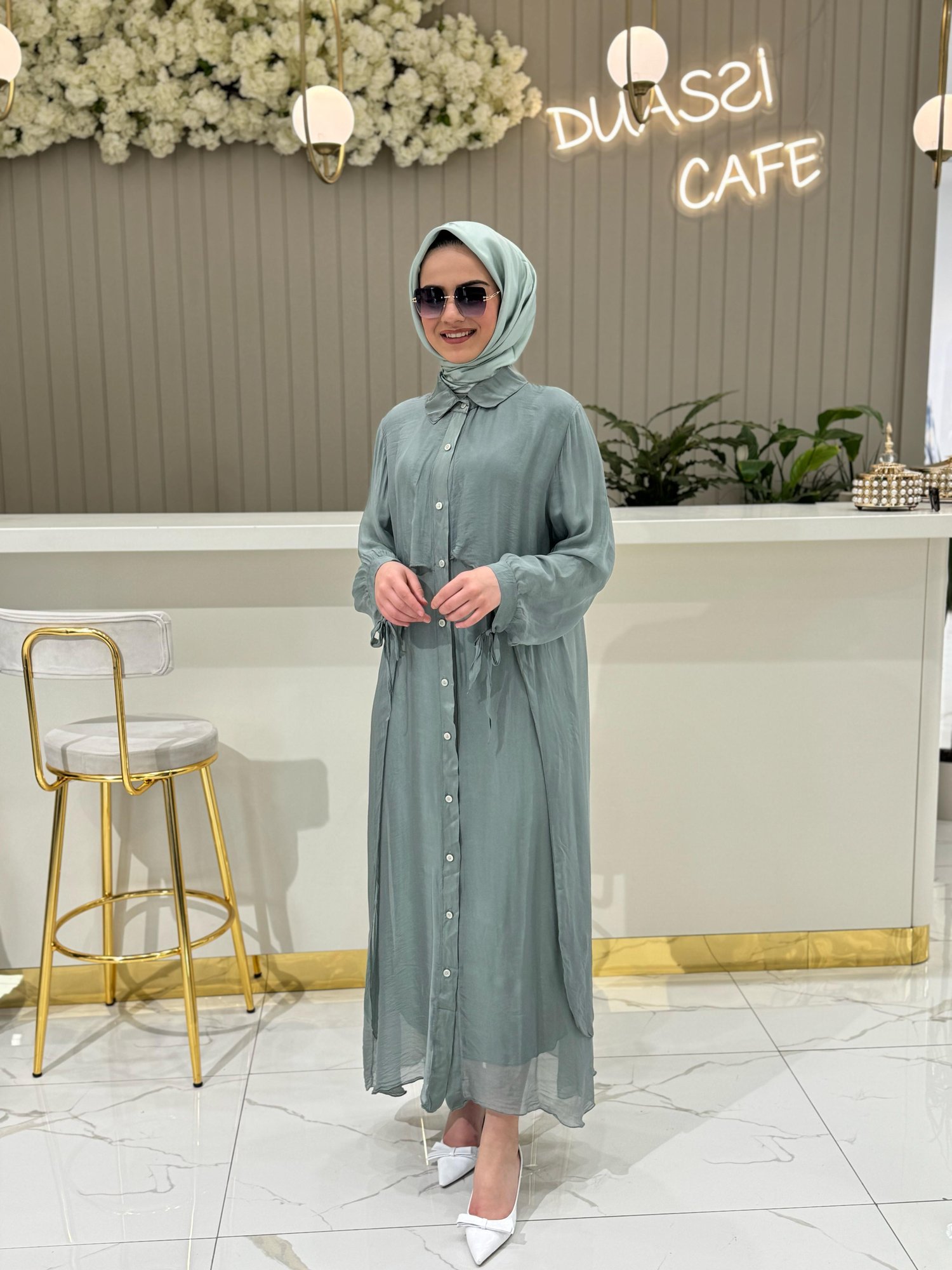 Florence Düğmeli Gömlek Elbise 3016-Y - YEŞİL