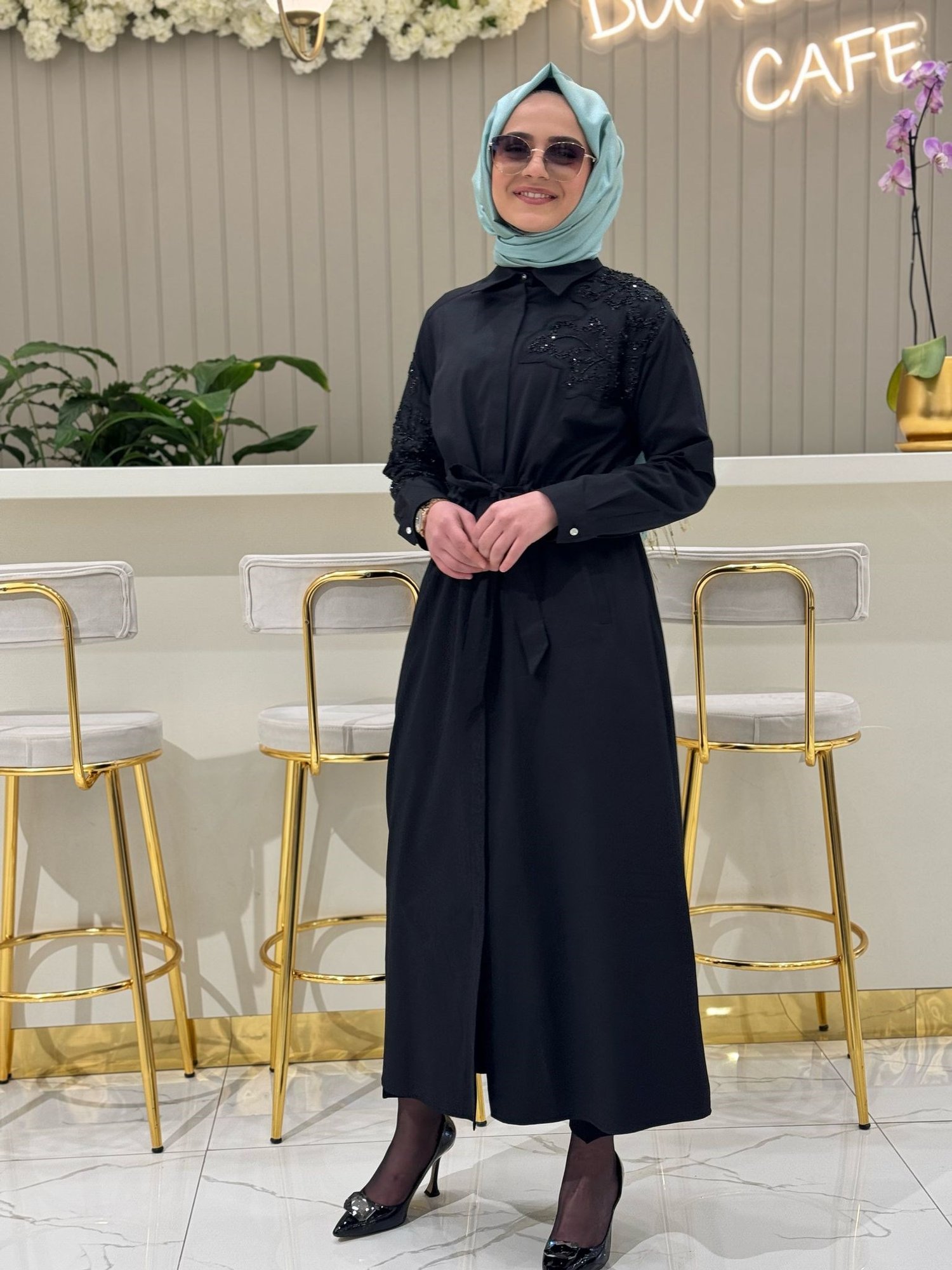 Fuat Gürşen Omuz Taş Detaylı Elbise 3103 - SİYAH