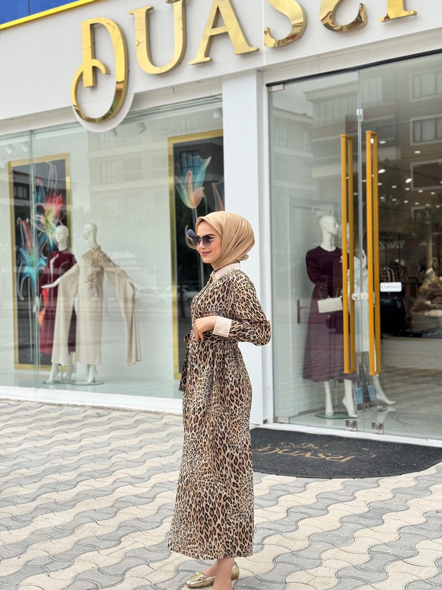 Ghisa Omzu Taşlı Elbise 4925 - Leopar