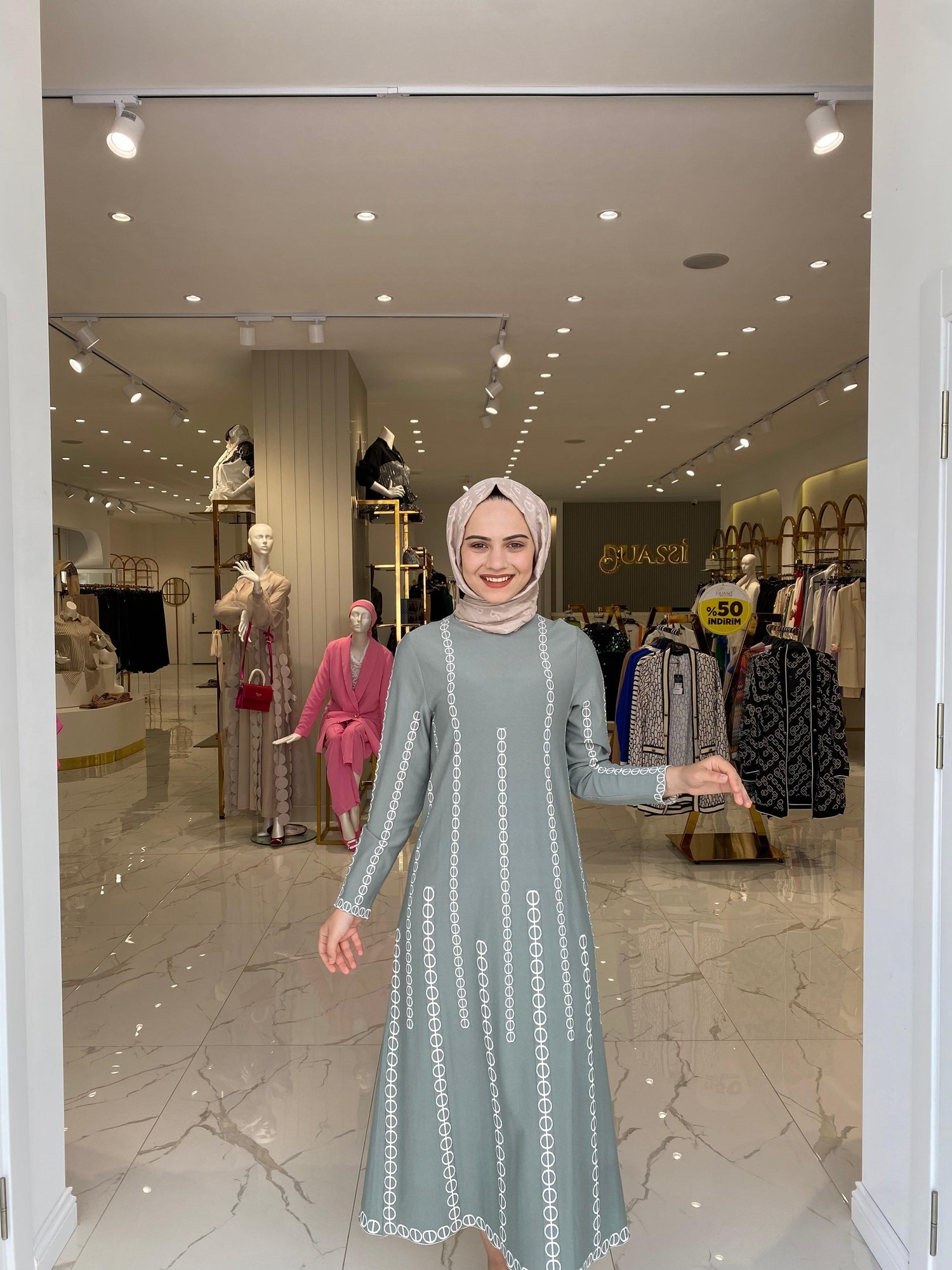 İnvee Zincir Desen Elbise 6842 - YEŞİL
