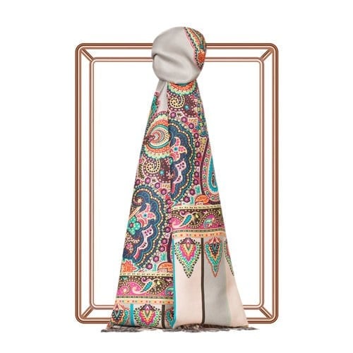İpekevi Gümüş Çerçeve Paisley Desenli İpek Şal 6564 - Gold