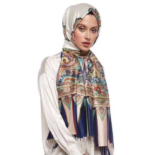 İpekevi İnci Beyazı Çerçeve Paisley Desenli İpek Şal 6564 - Beyaz